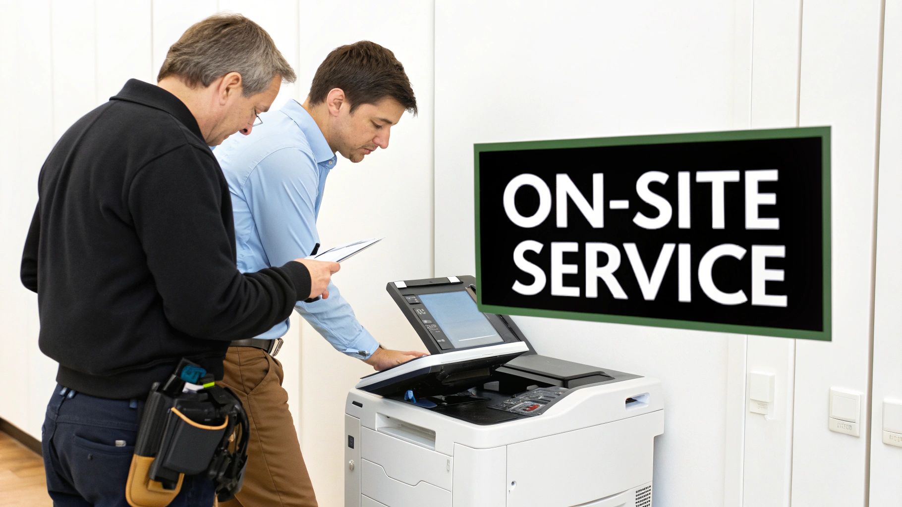Two service technicians repair an office multifunction printer, with an 'on-site service' sign visible.