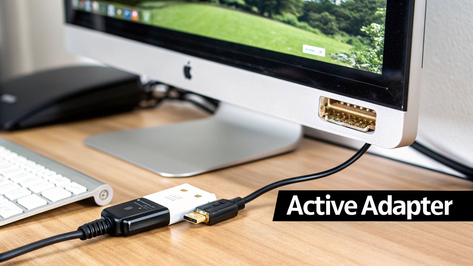 An active adapter connecting a DVI cable to an Apple iMac's DisplayPort, sitting on a wooden desk.
