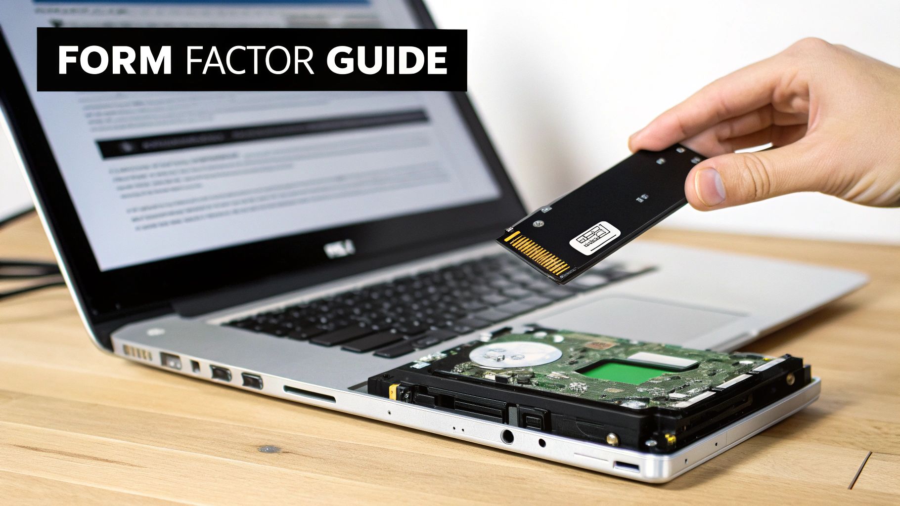 A hand holds an M.2 SSD above a laptop showing an internal hard drive and a "FORM FACTOR GUIDE" title.