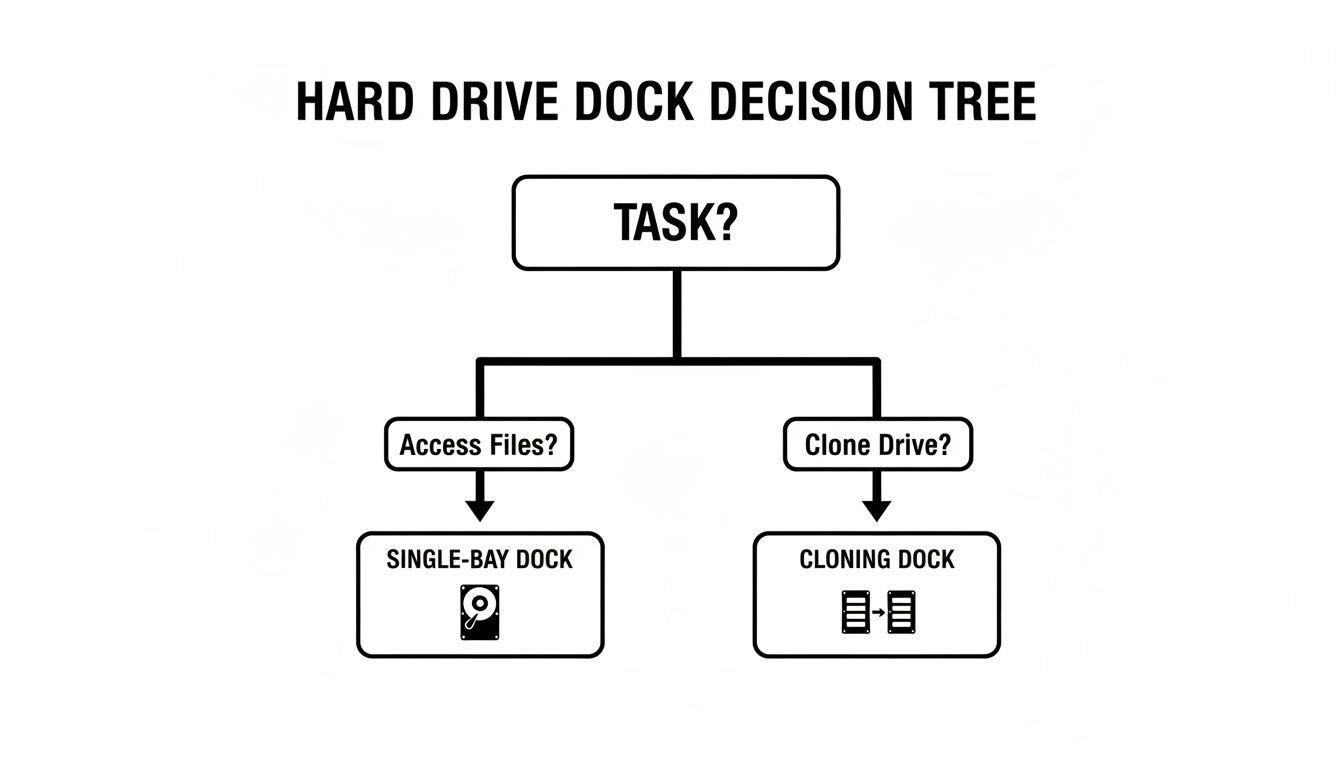 Decision tree diagram for selecting a hard drive dock based on the task: accessing files or cloning a drive.