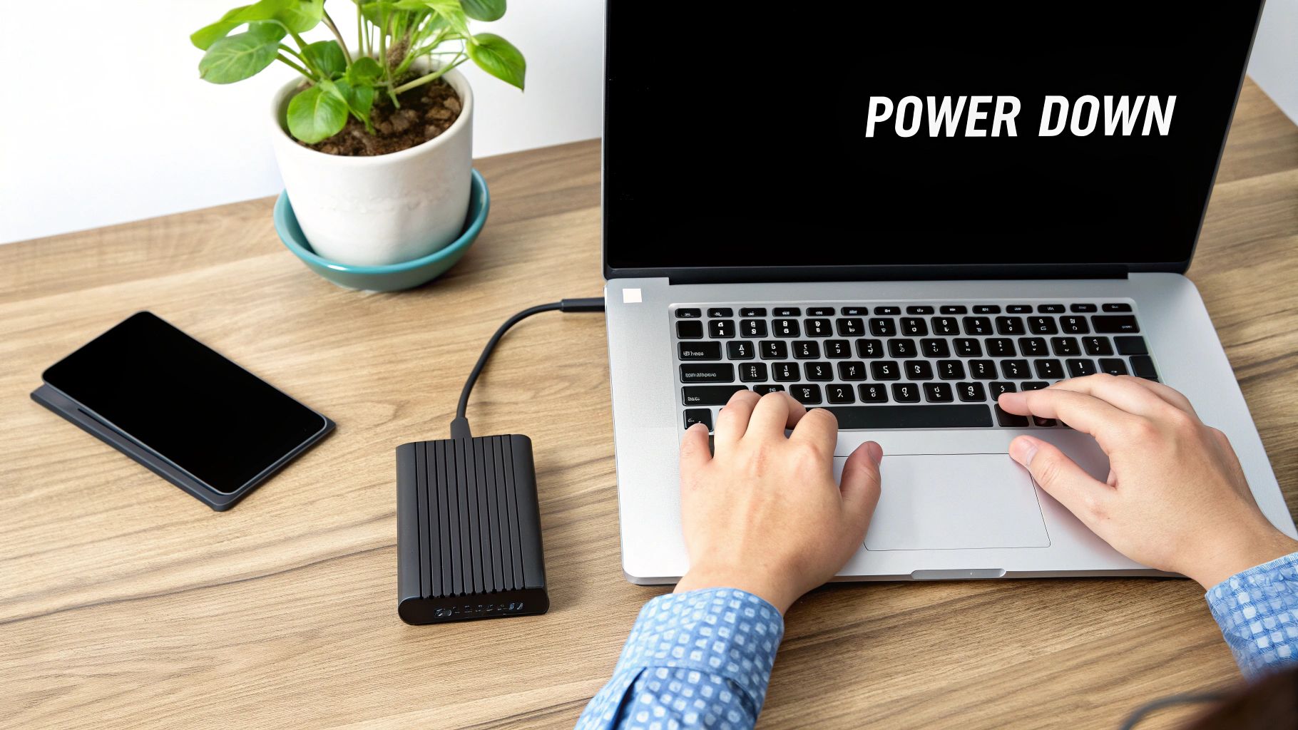 Technician examining a hard drive in a cleanroom environment.