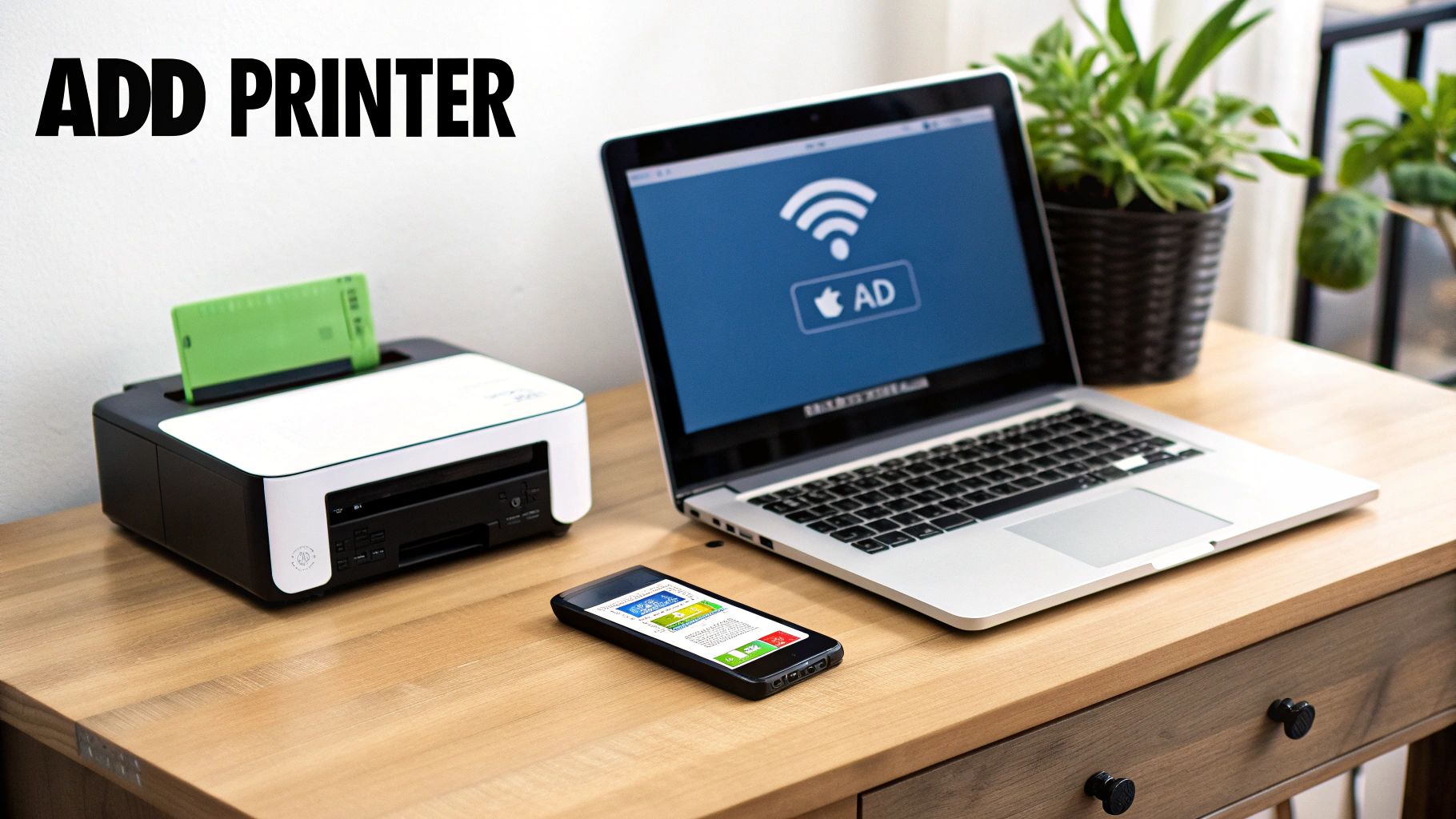 A desk with a wireless printer, a laptop showing Wi-Fi, and a smartphone, beneath an 'ADD PRINTER' sign.
