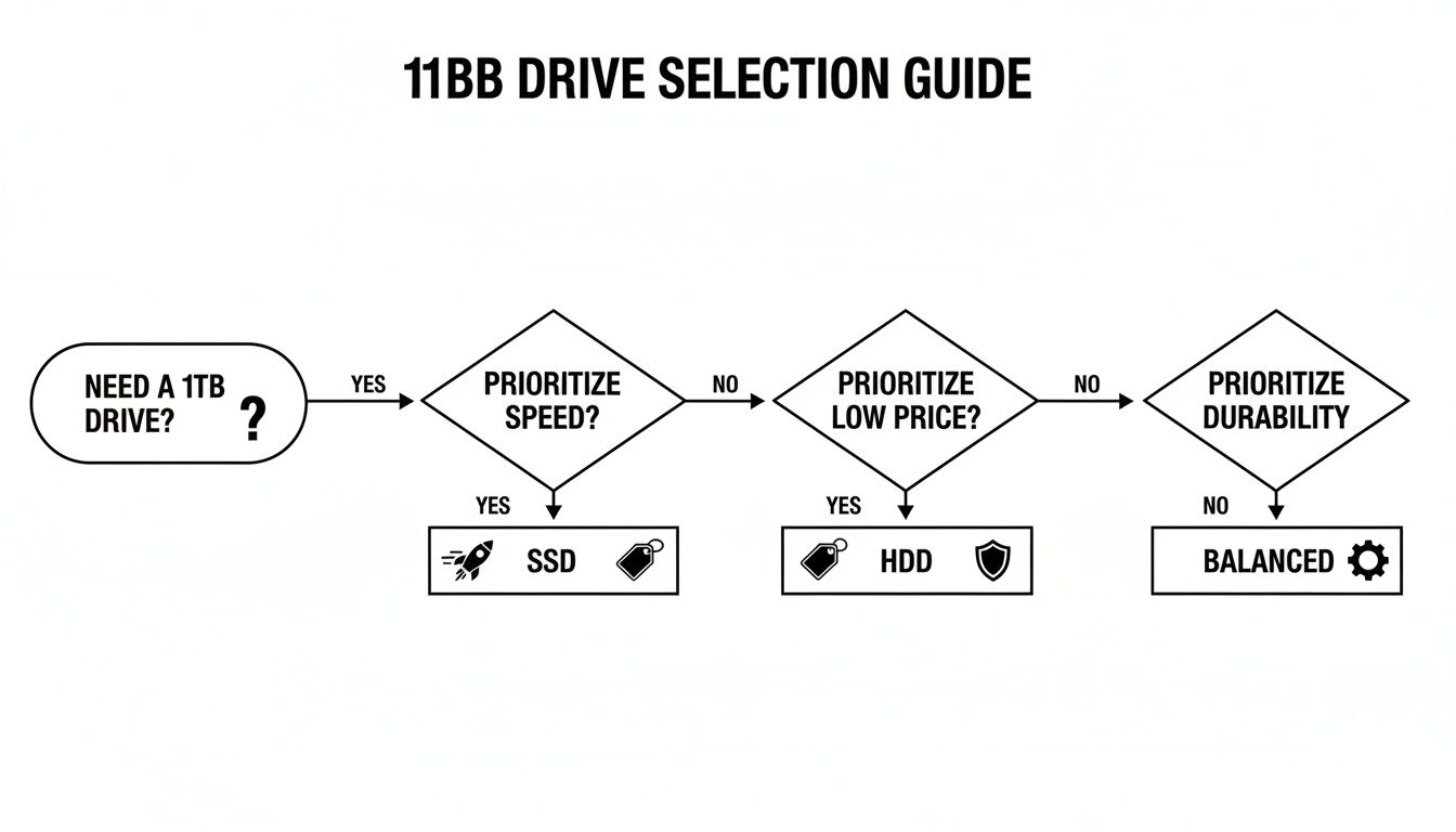 Flowchart guiding 1TB drive selection based on prioritizing speed, low price, or durability for SSD, HDD, or balanced options.