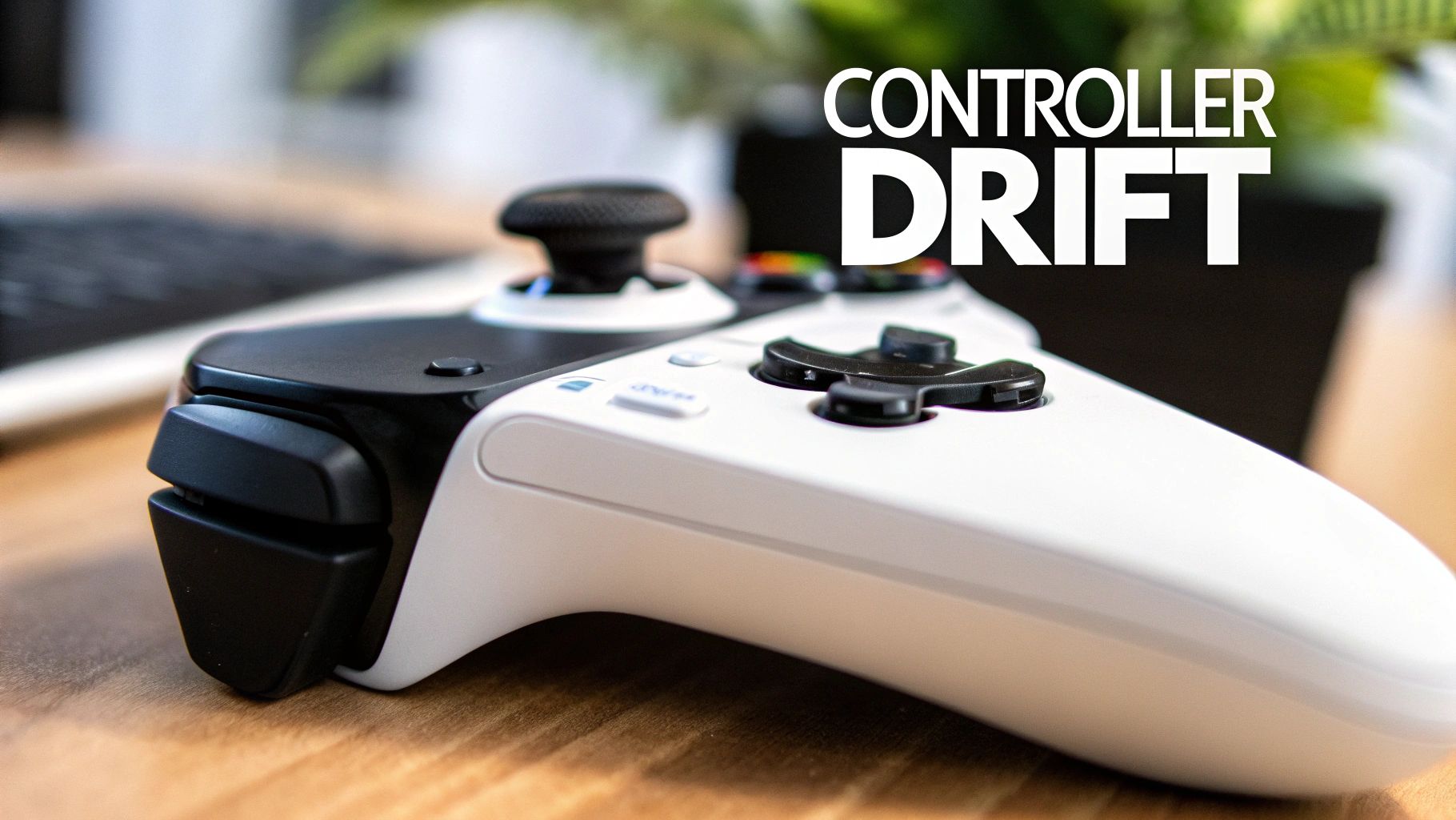 A white and black video game controller resting on a wooden desk, with "CONTROLLER DRIFT" text.