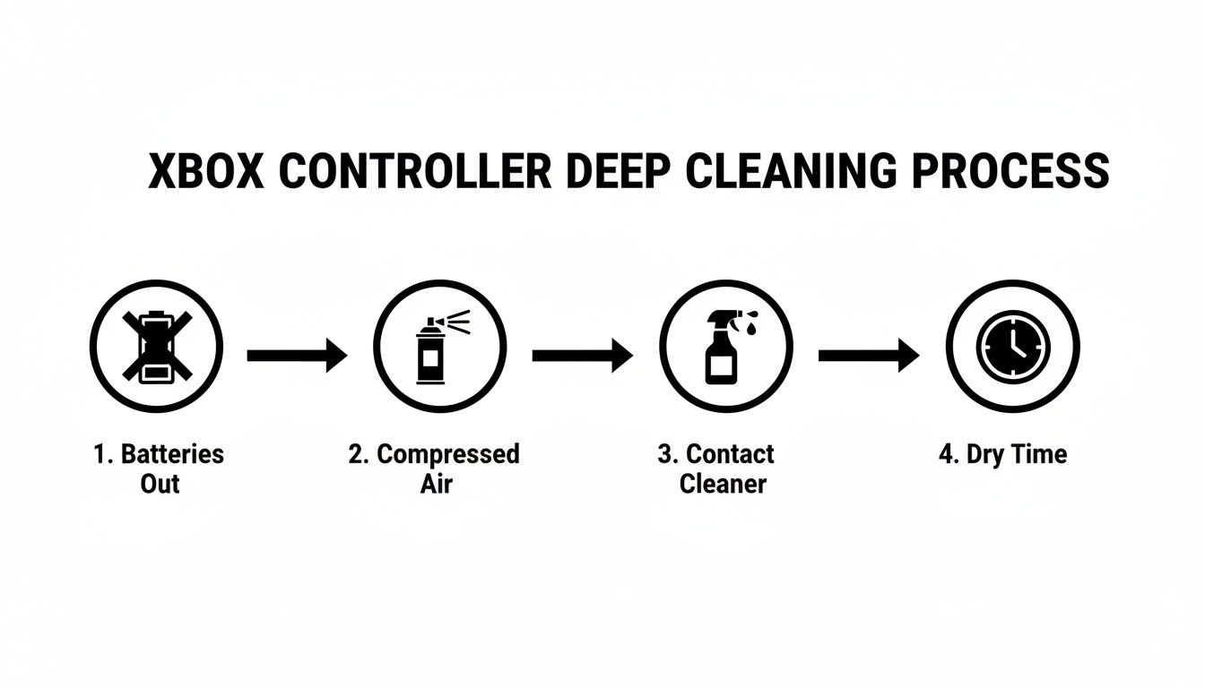 Diagram showing a 4-step Xbox controller deep cleaning process: batteries out, compressed air, contact cleaner, dry time.