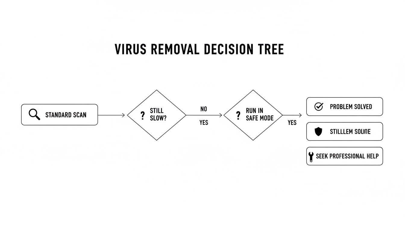 A flowchart illustrating a virus removal decision tree, guiding users through troubleshooting steps.