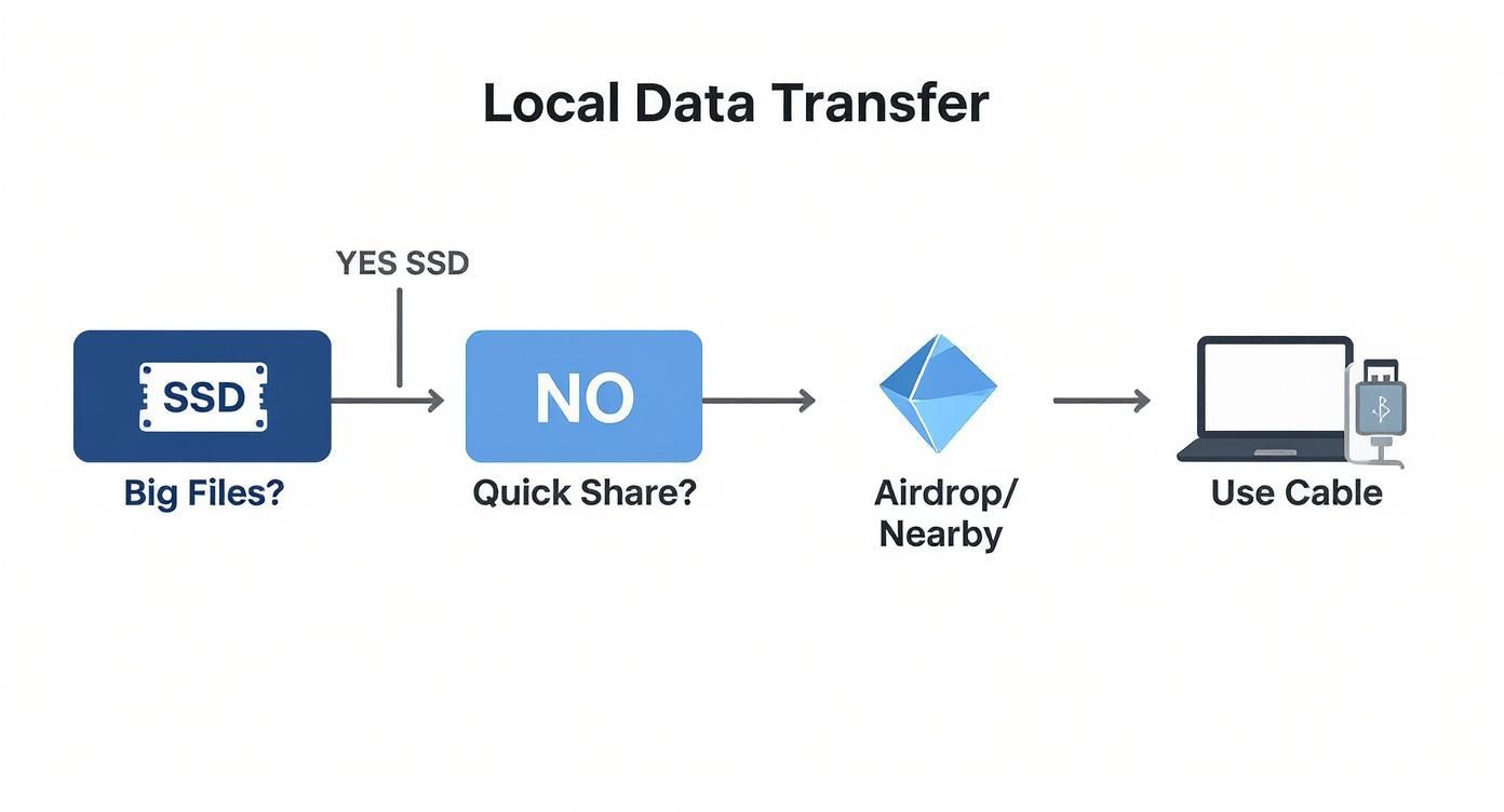 Flow chart showing local data transfer methods from SSD to cable connection via wireless options