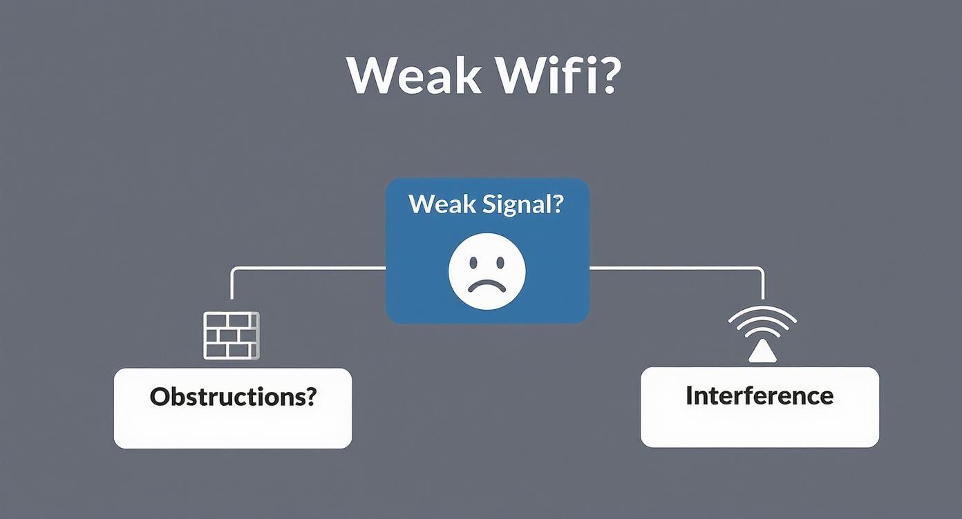 Diagram showing weak WiFi signal causes including physical obstructions and wireless interference