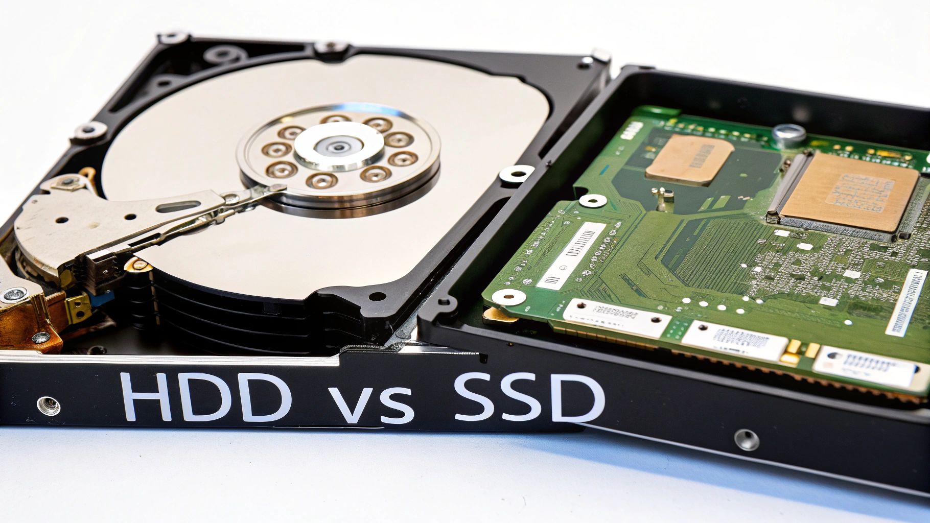 Two external hard drives, one an HDD and one an SSD, side-by-side on a desk.