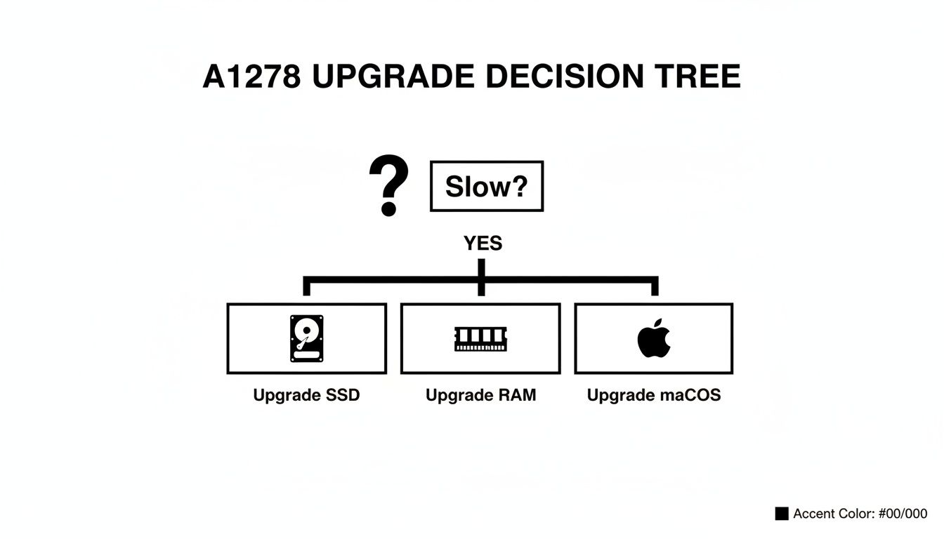 A decision tree flowchart for upgrading an A1278 MacBook, addressing slow performance issues.