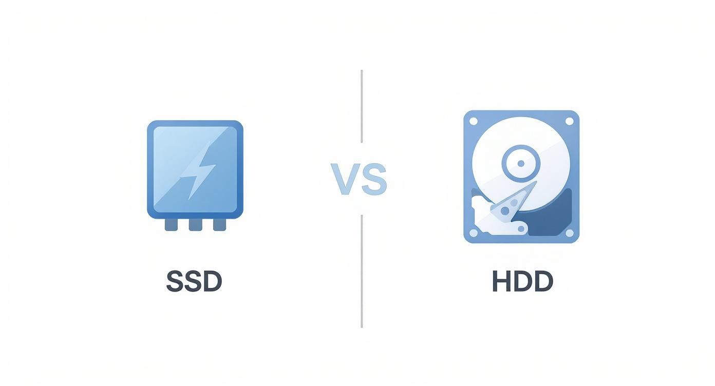 Infographic comparing the internal mechanisms of an SSD (flash memory chip icon) versus an HDD (spinning platter icon).