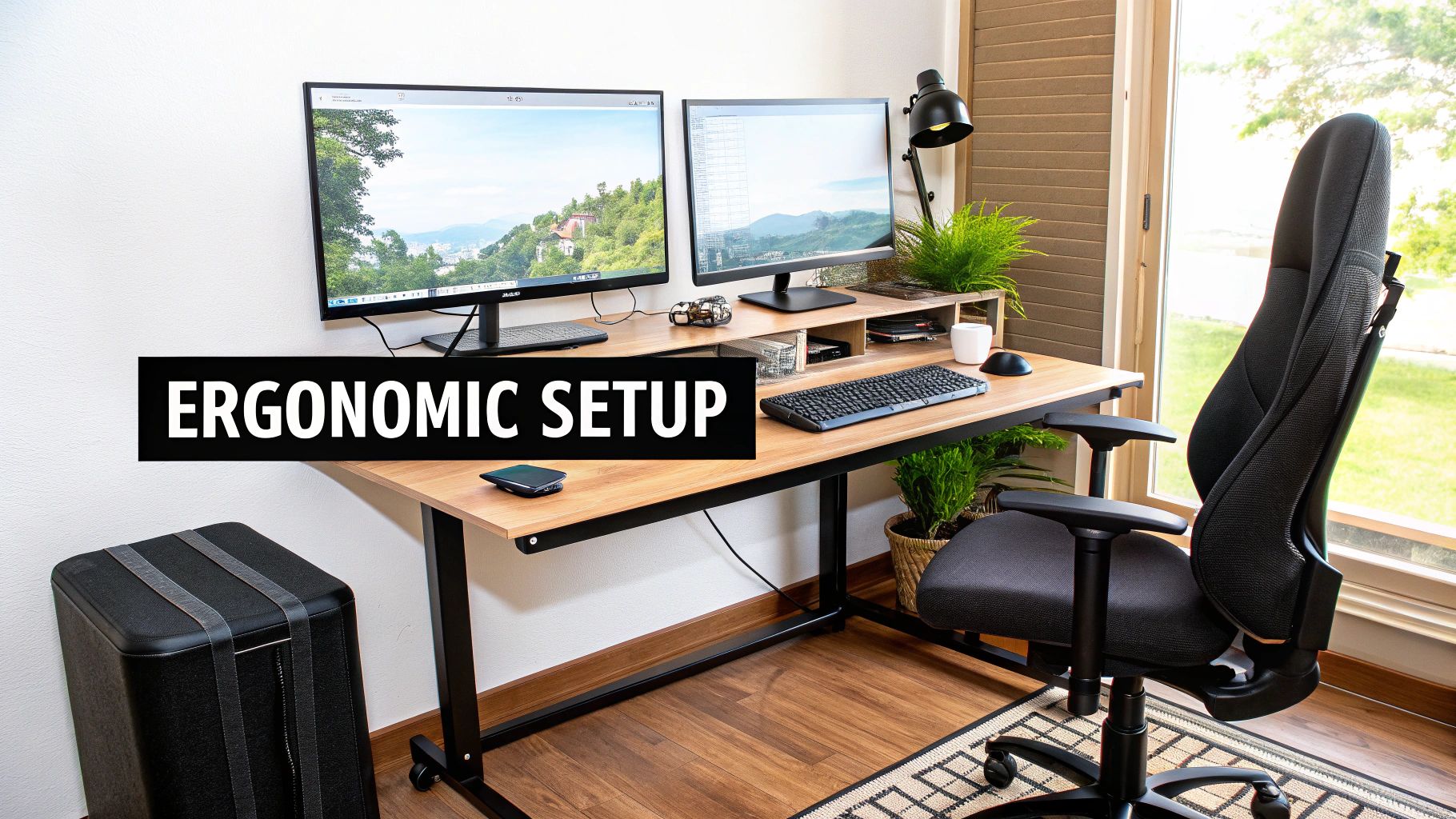An ergonomic home office setup with a wooden desk, dual monitors, a black office chair, and green plants.