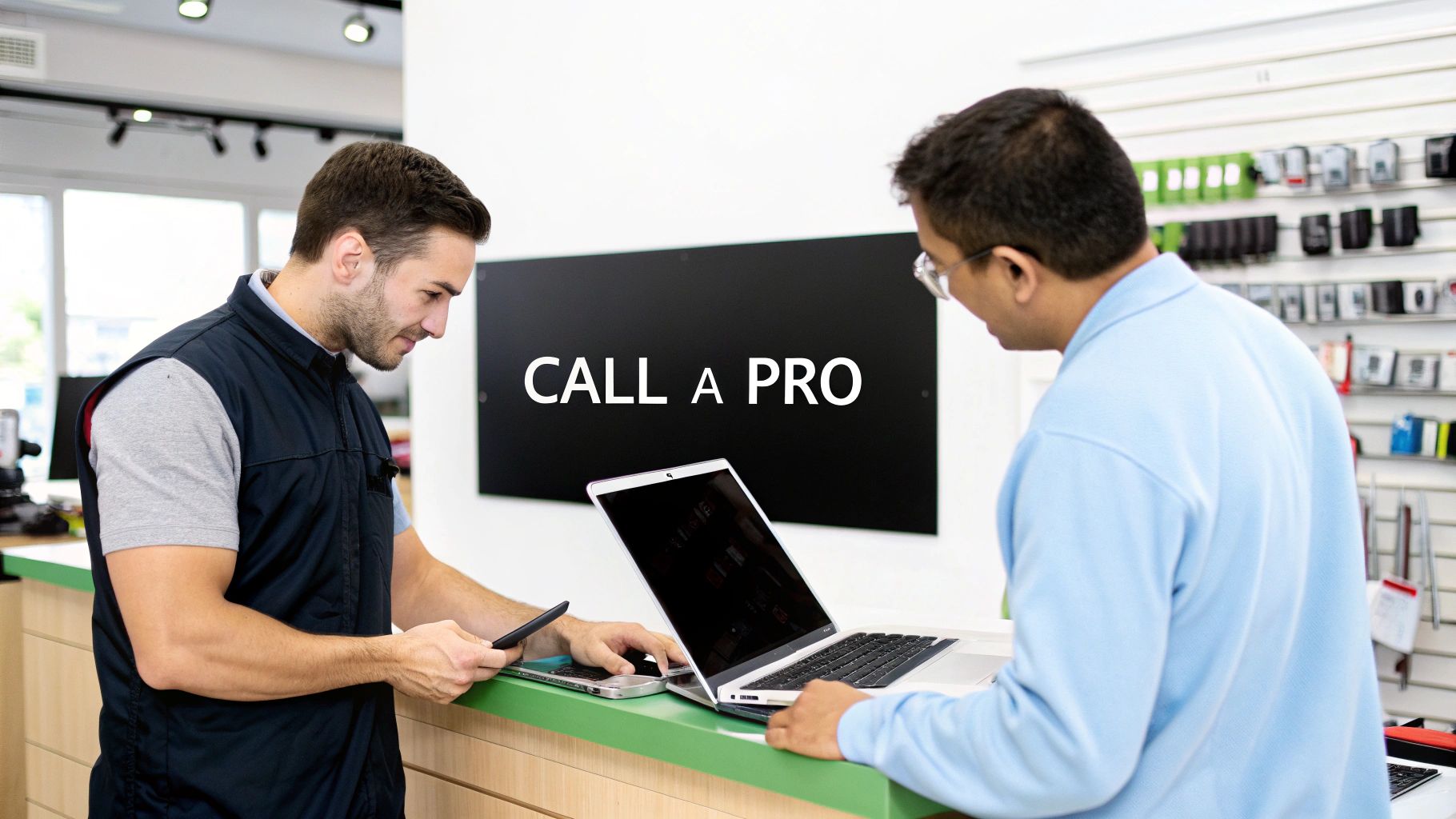 Two men discussing a laptop and smartphone at a tech repair or electronics store counter, with a 'CALL A PRO' sign.