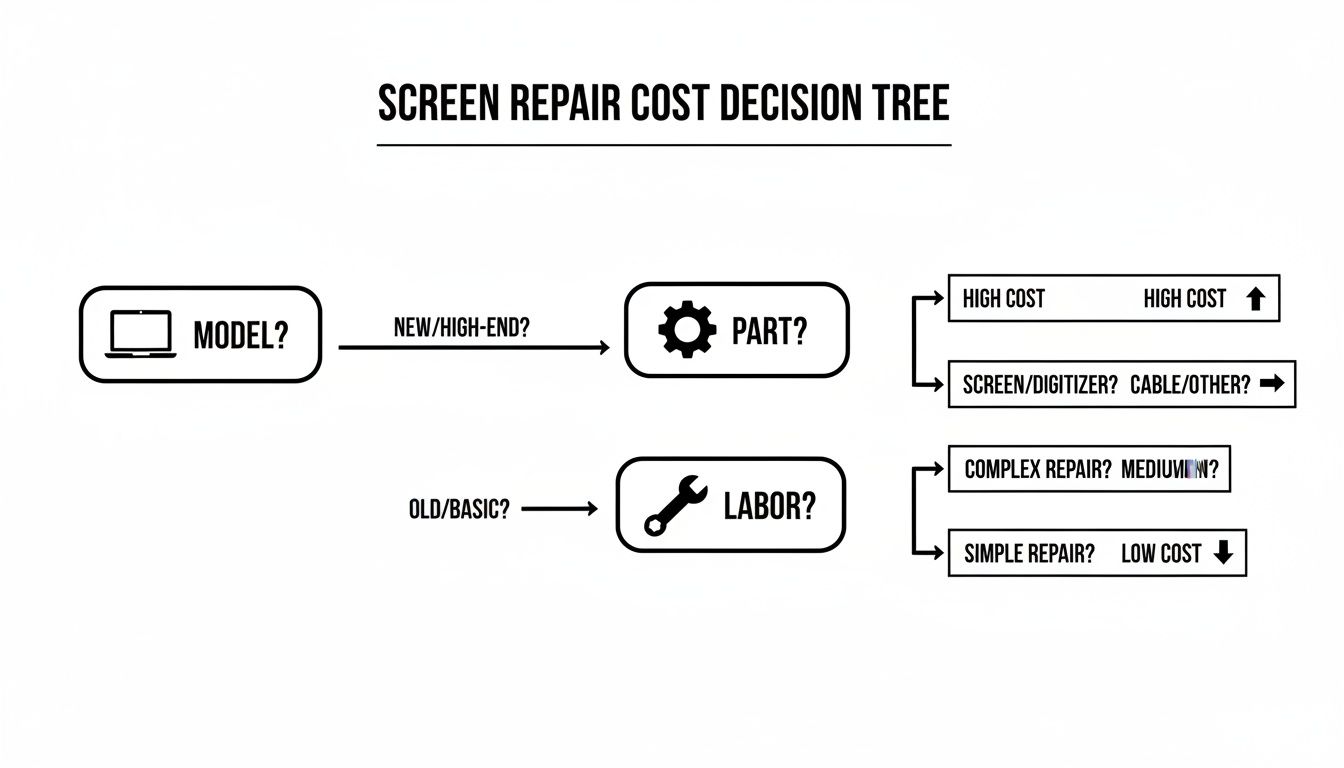 A decision tree illustrating screen repair cost factors: model, parts, and labor complexity.