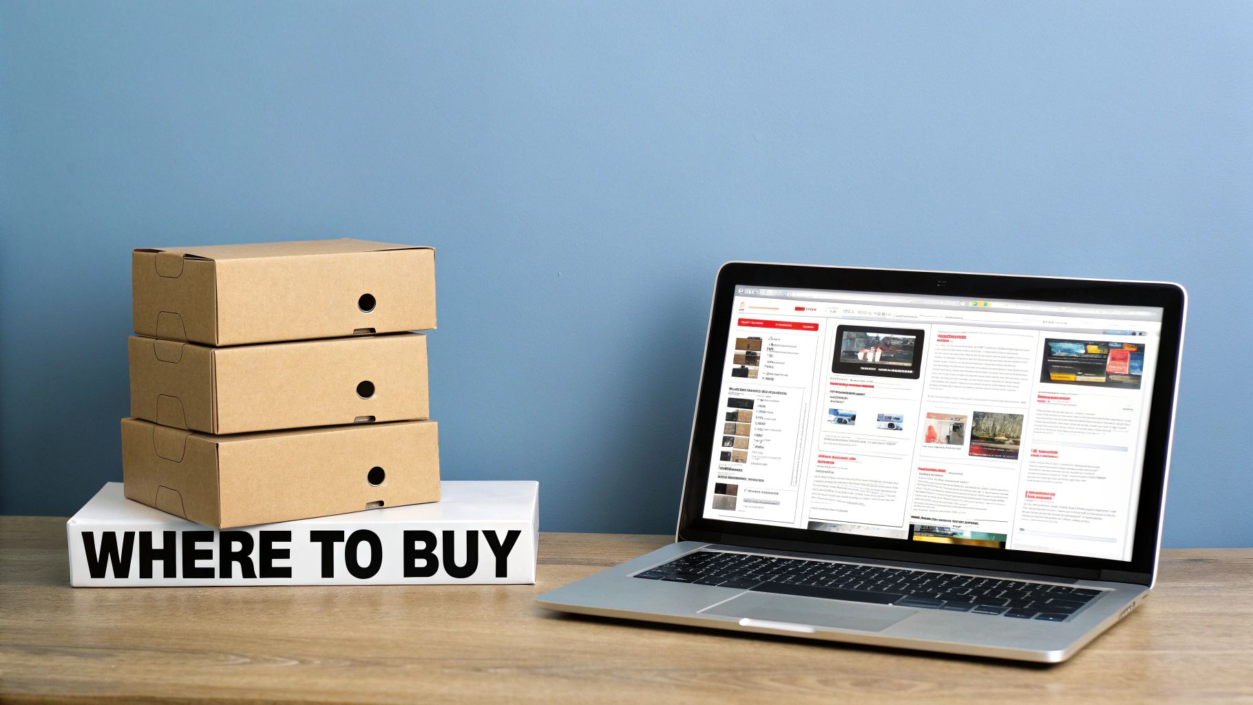 Laptop displaying an e-commerce website next to stacked brown boxes and a 'WHERE TO BUY' sign.