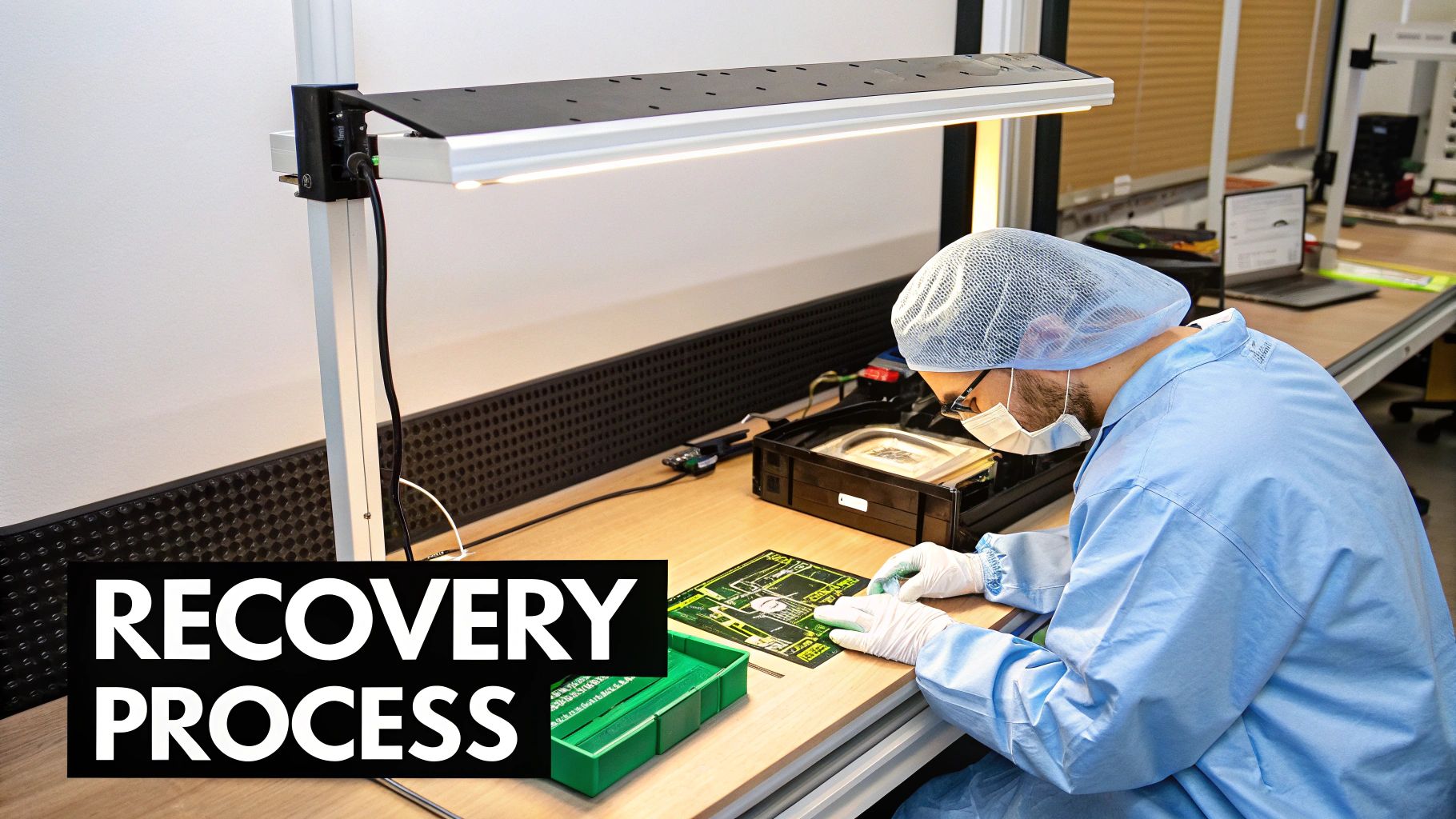 A person with a serious expression asking questions to a technician in a professional computer repair shop.