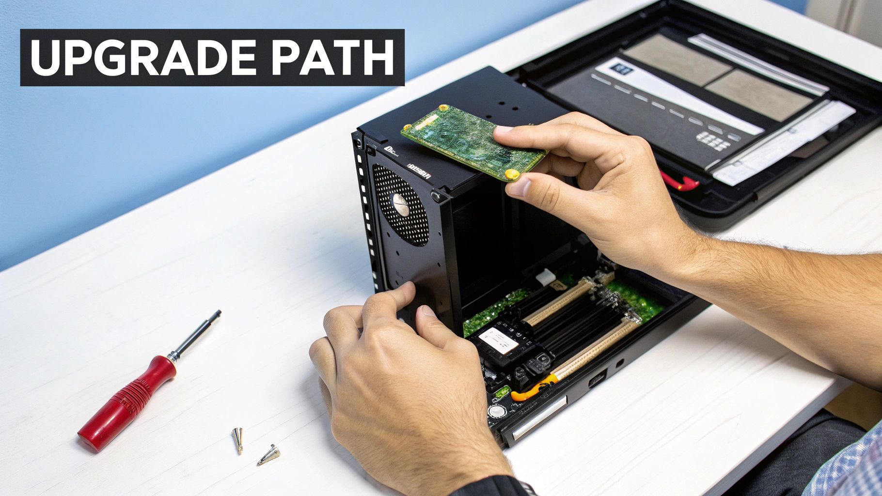 Hands installing a green circuit board into a black mini PC, with tools on a white desk.