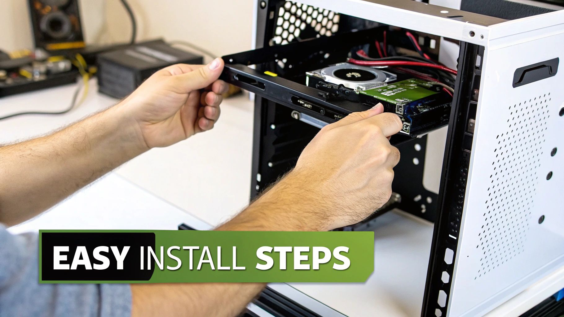 A person's hands installing a hard drive into a white computer case, with 'EASY INSTALL STEPS' text.