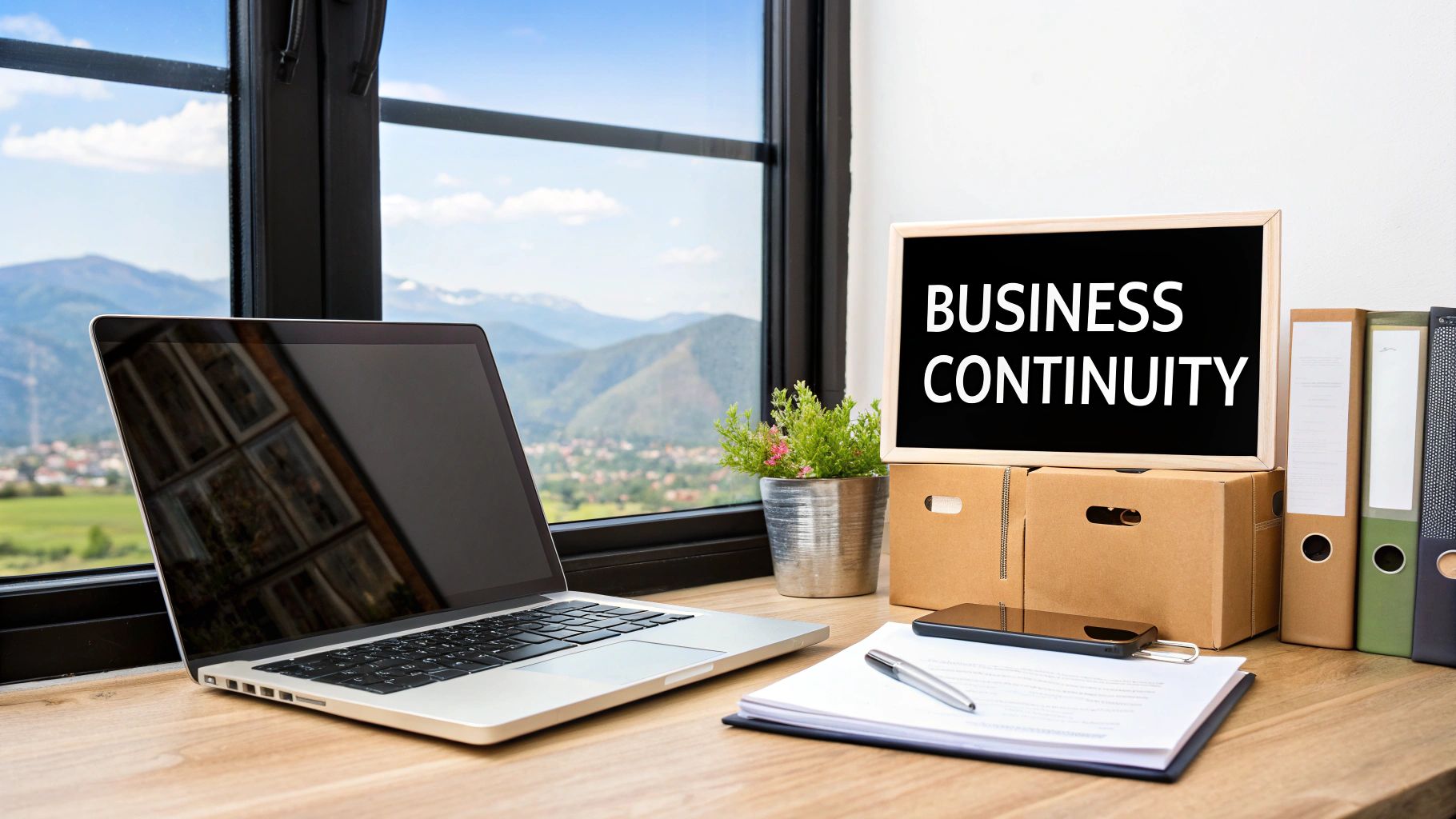 A desk with a laptop, plant, and a 'BUSINESS CONTINUITY' sign overlooking mountains.