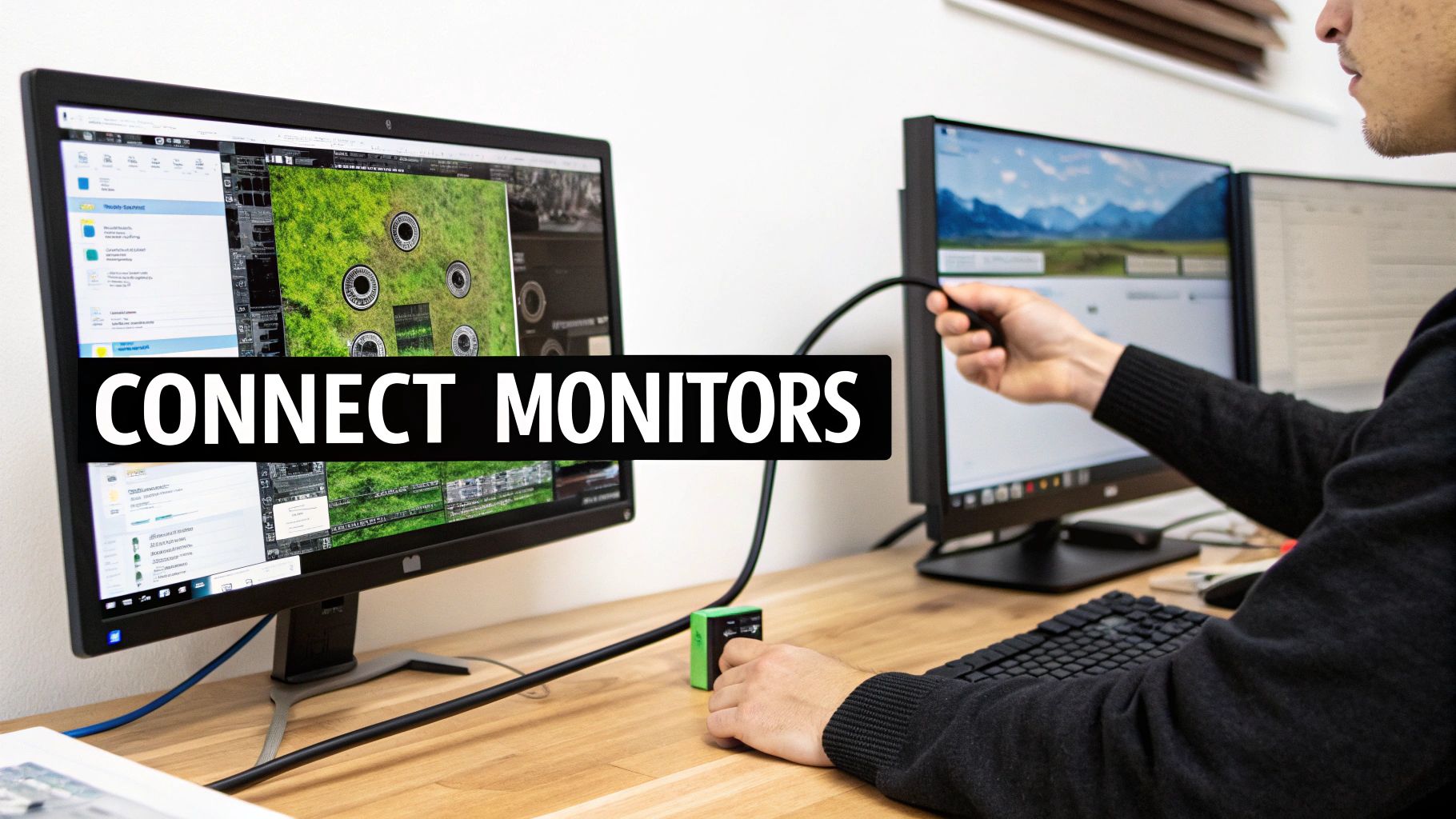 A person connecting multiple computer monitors on a wooden desk with a green device.