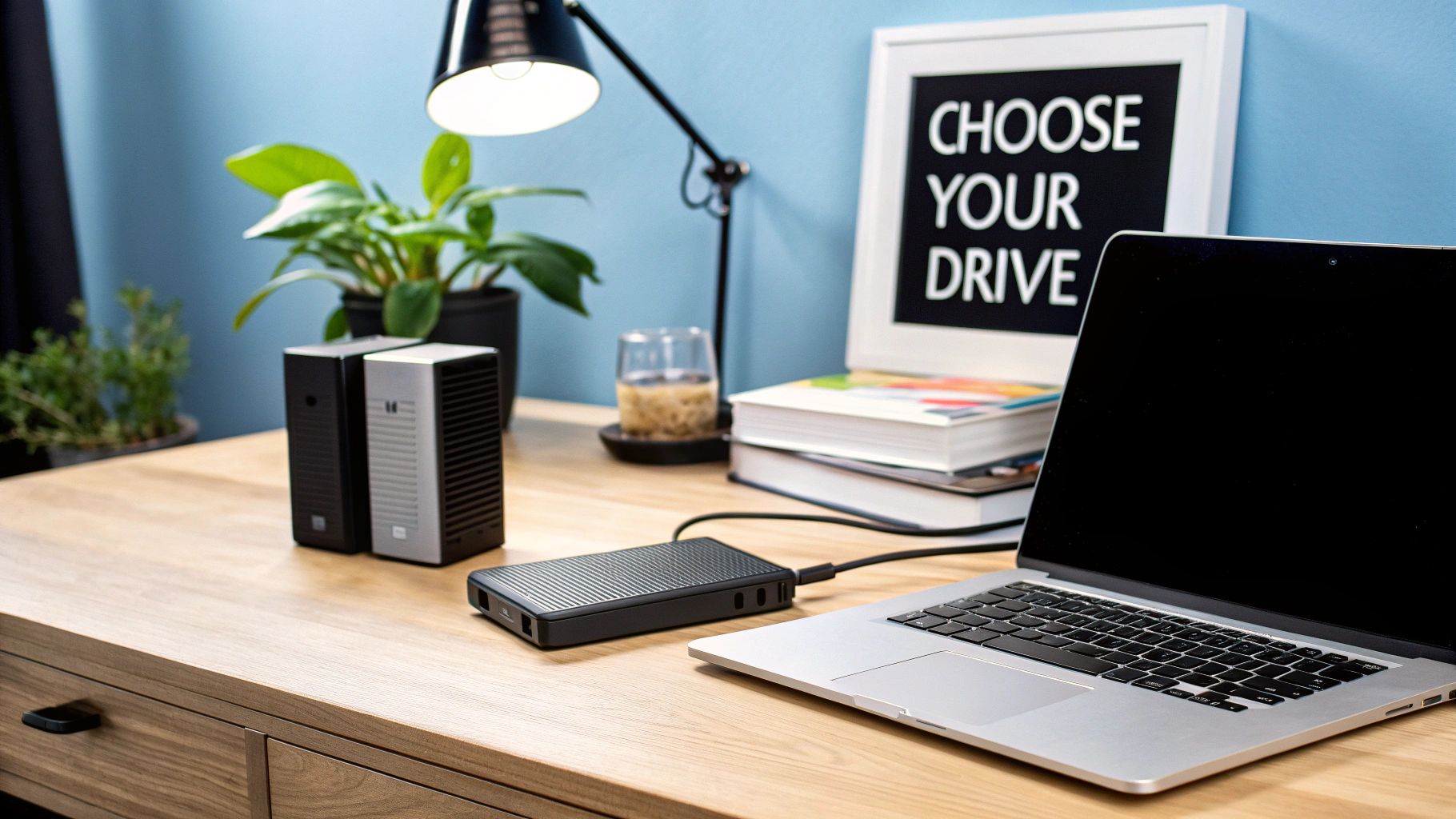 A person connecting an external hard drive to a laptop, representing the process of backing up data.