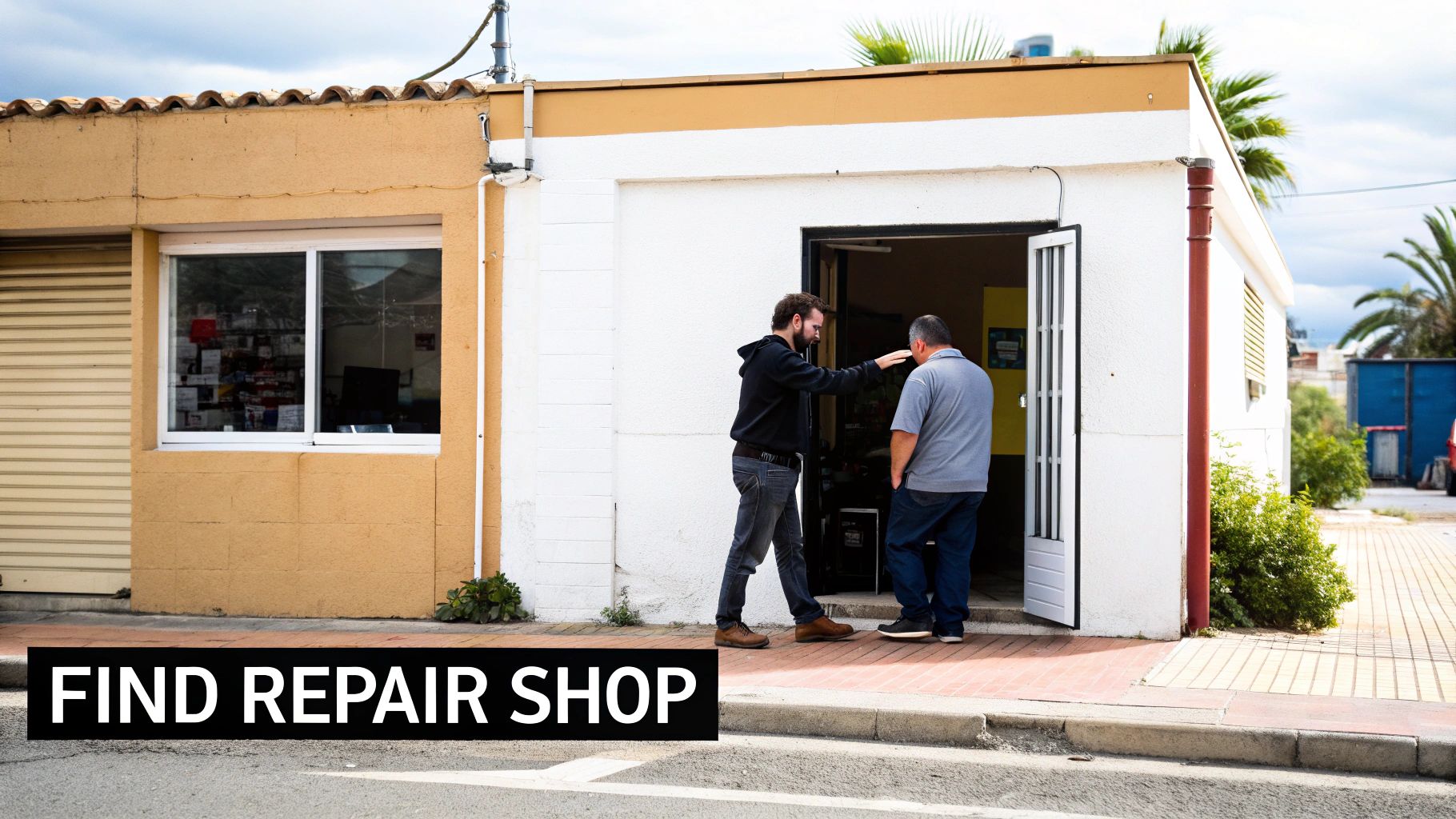 Two men entering a small local repair shop with white walls and open door