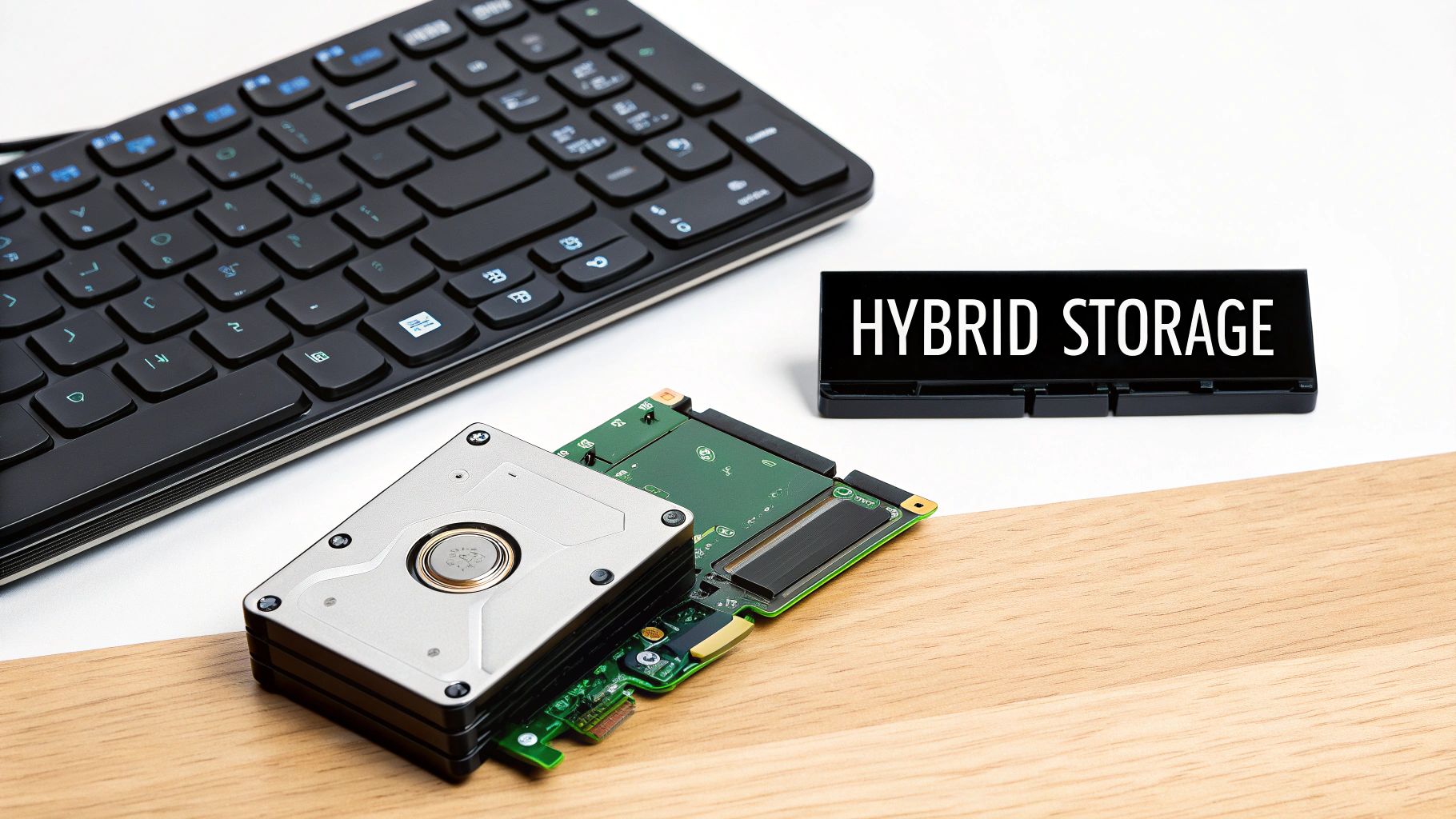 A sleek gaming PC case is open, showing a primary NVMe SSD installed on the motherboard and a larger HDD in a drive bay, illustrating a hybrid setup.