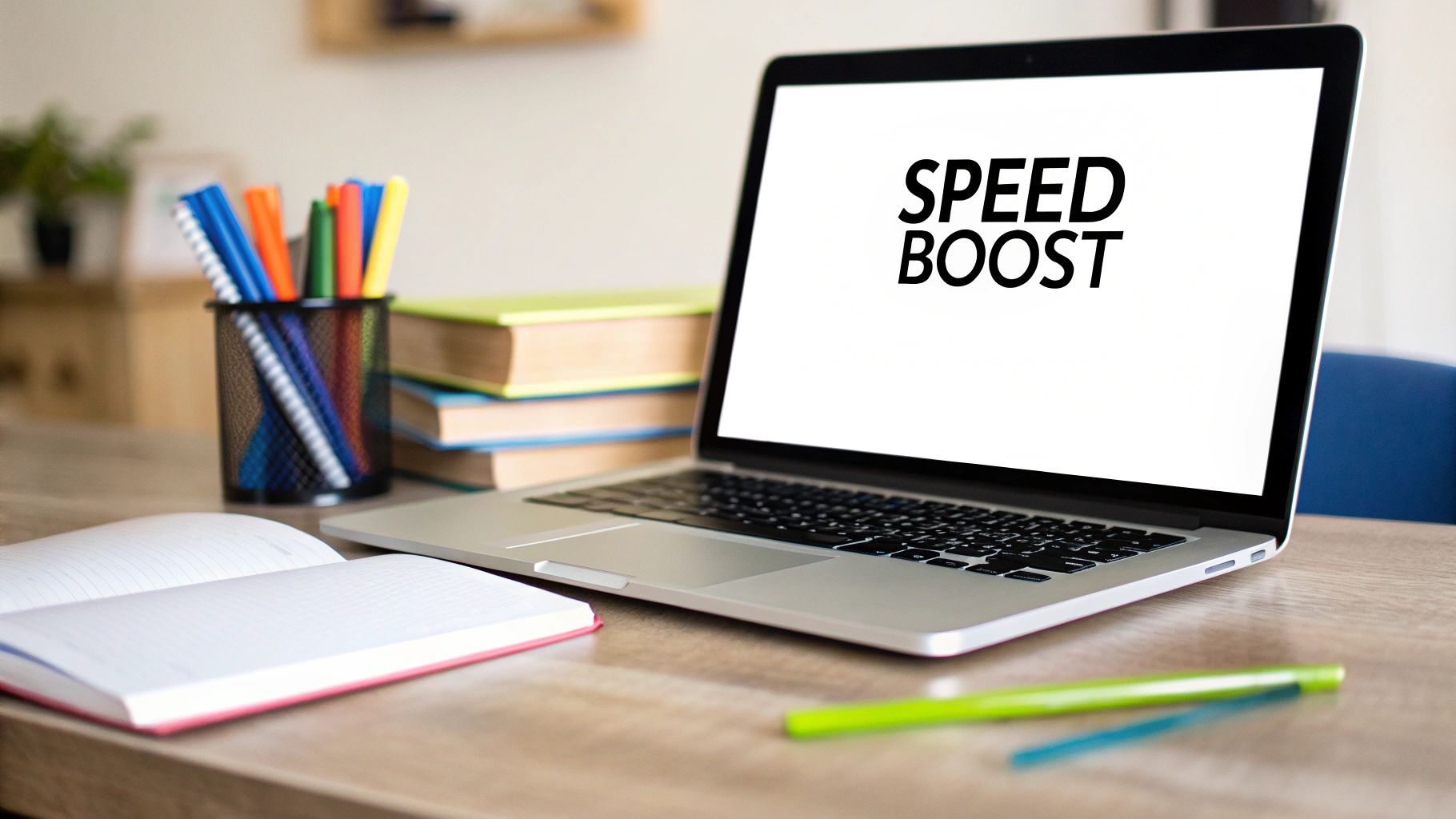 A laptop displaying 'SPEED BOOST' on a wooden desk with colorful pens, books, and an open notebook.