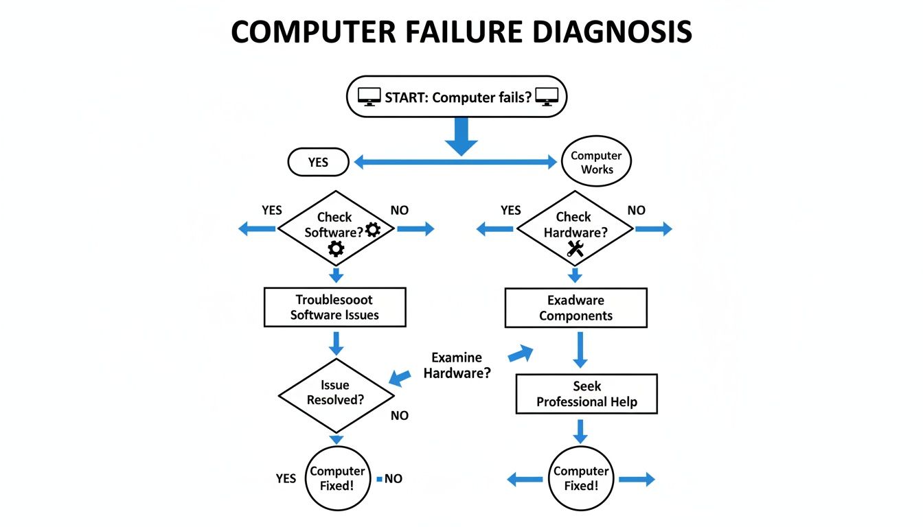 A computer failure diagnosis flowchart illustrating steps for troubleshooting software and hardware issues.