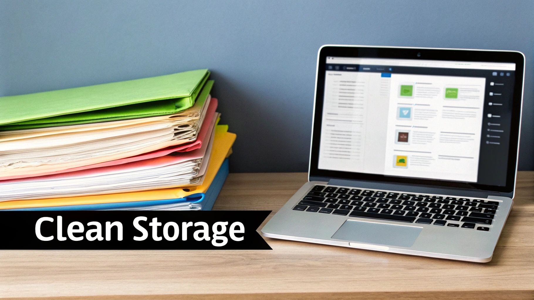 A stack of colorful physical files next to an open laptop displaying digital files on a wooden desk, with 'Clean Storage' text.
