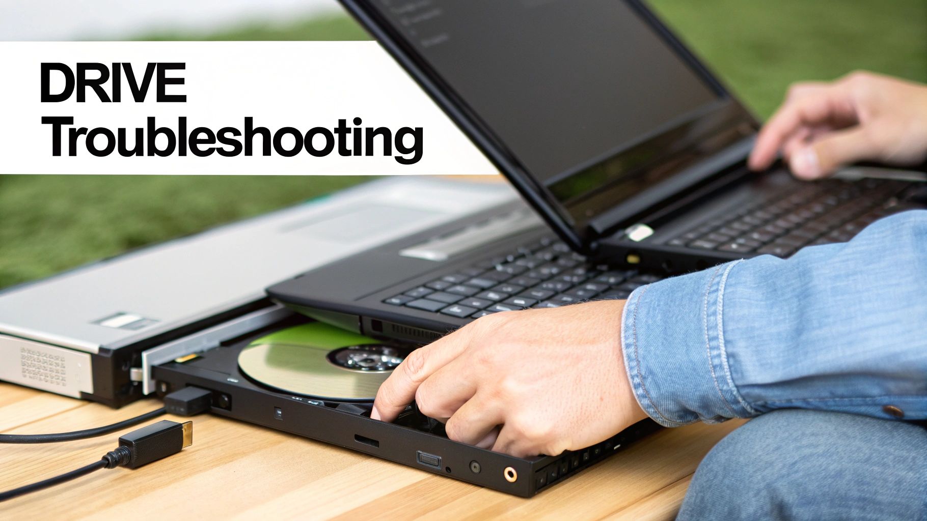 A person uses an external DVD drive with a laptop for troubleshooting, with a disc visible.