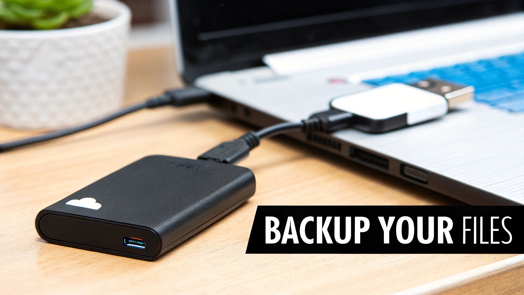 A person using an external hard drive to back up files from their laptop, symbolizing data protection before a Windows reinstall.