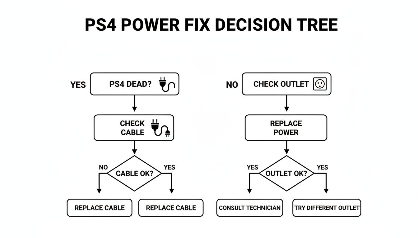 A flowchart illustrating the PS4 power fix decision tree with steps to troubleshoot.