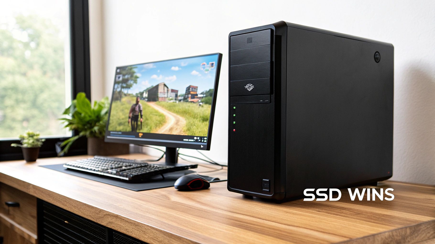 A close-up shot of an SSD being installed into a motherboard slot, with glowing gaming PC components in the background.