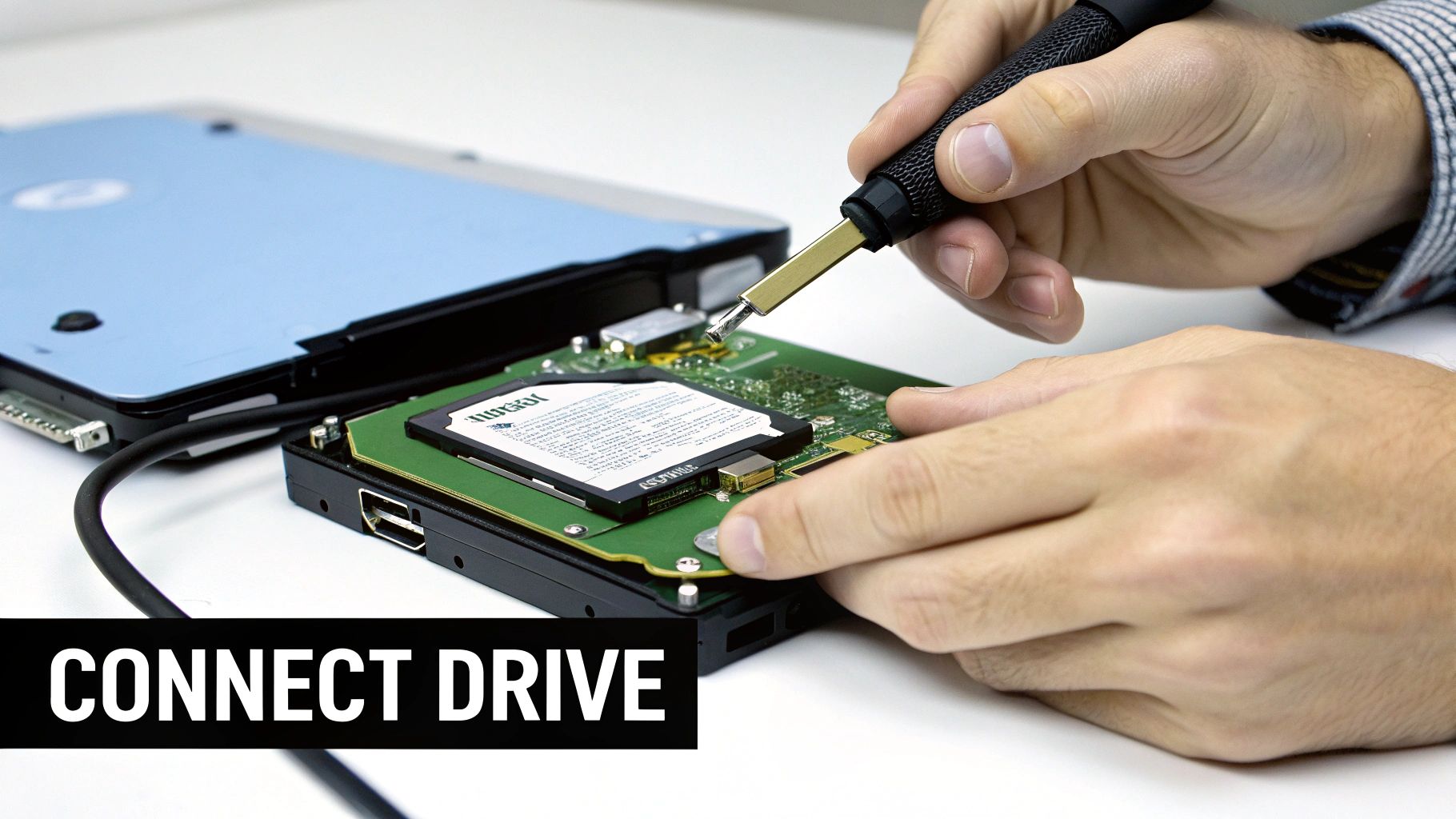 Close-up of hands connecting an internal hard drive to an external adapter or laptop, using a small screwdriver.