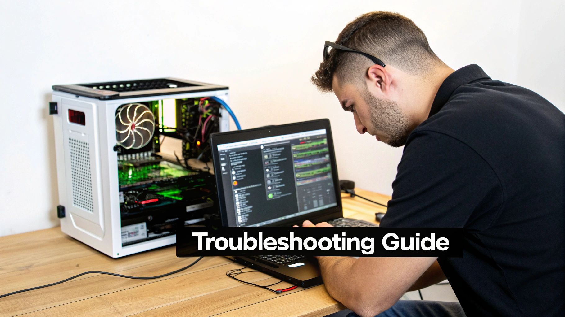 A man troubleshooting an open gaming PC setup, working on a laptop displaying a 'Troubleshooting Guide'.