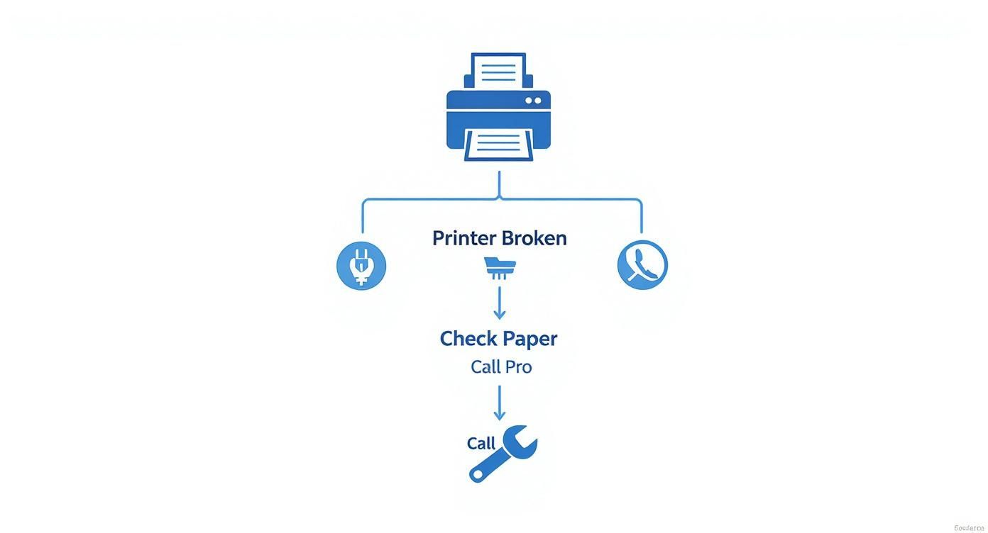 A flowchart detailing troubleshooting steps for a broken printer, suggesting to check paper and call for professional service.