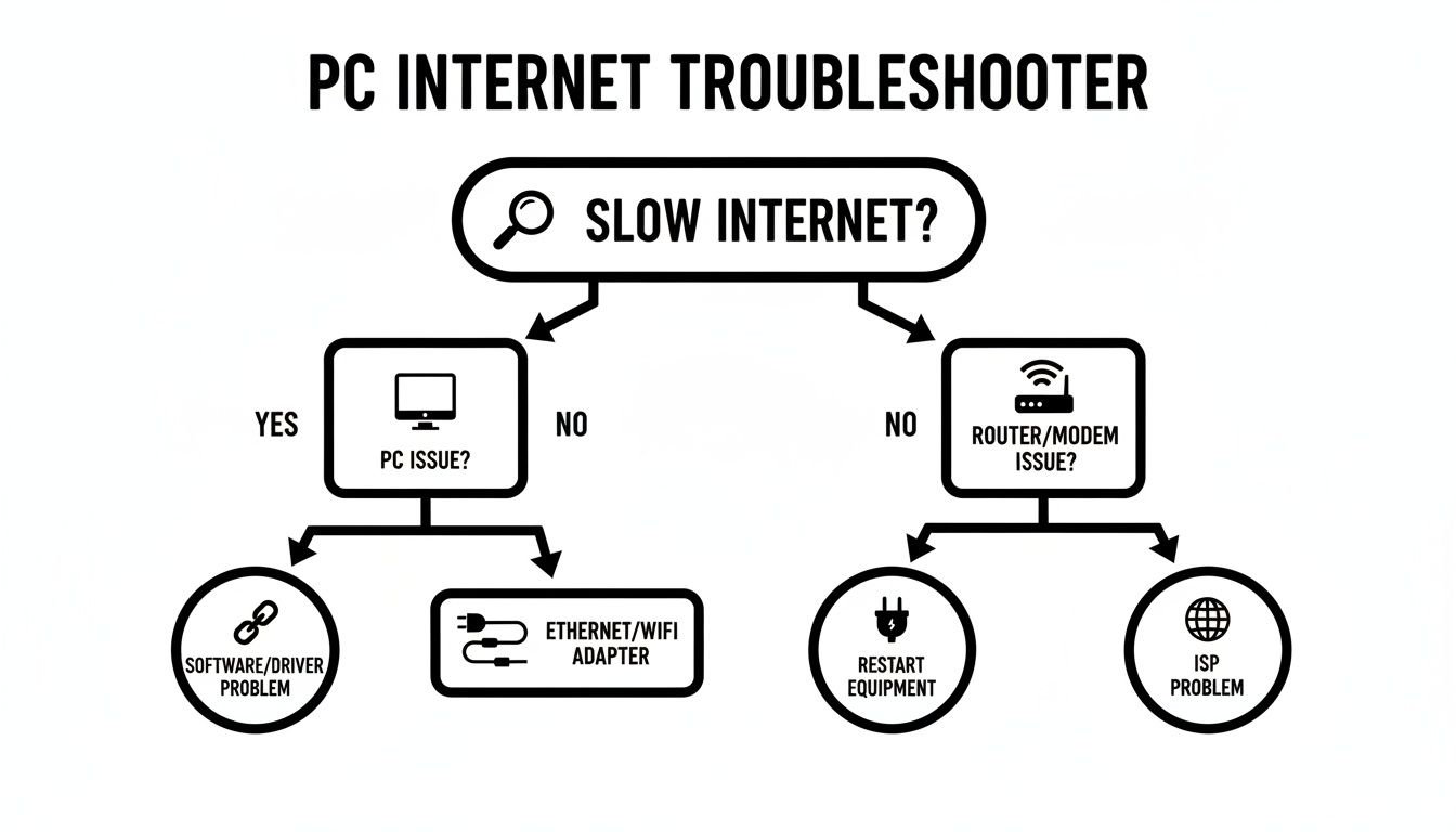 A PC internet troubleshooting flowchart guiding users through diagnosing slow internet connection problems.