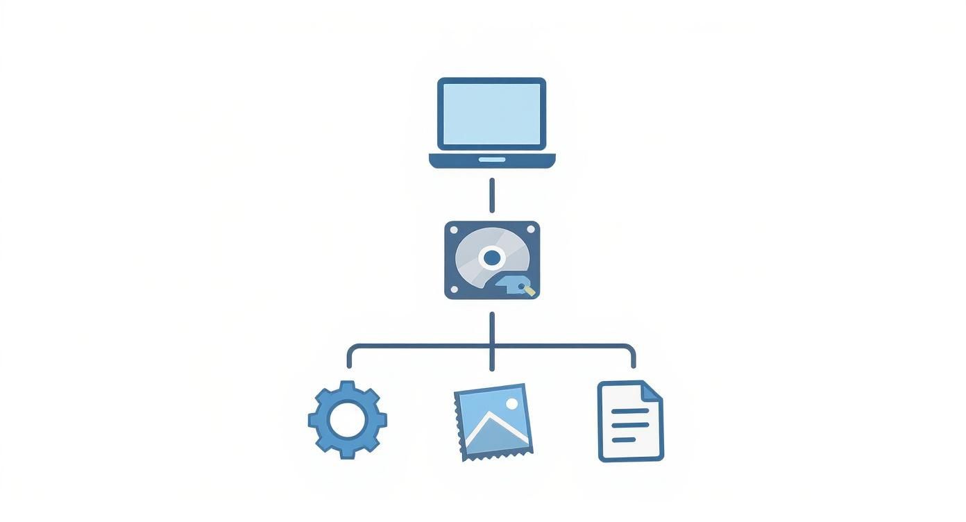Diagram showing a laptop connected to a hard drive, managing software, images, and documents.