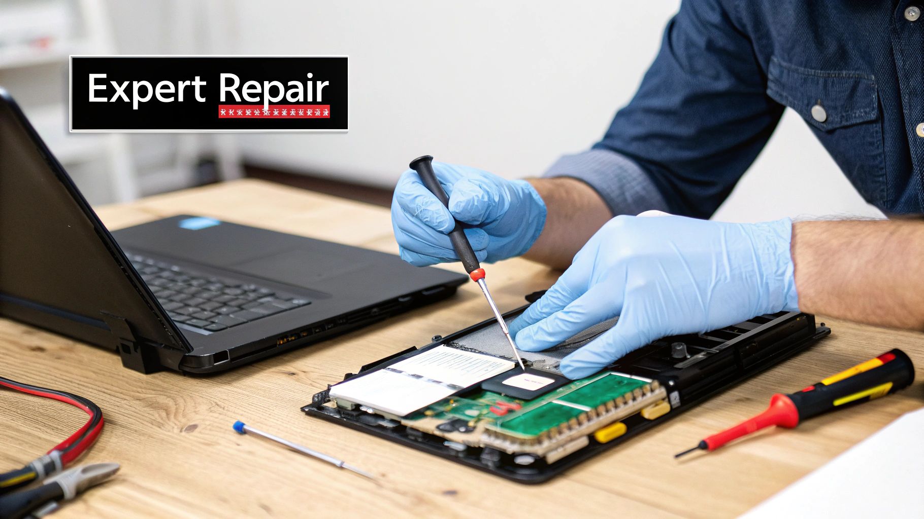 A person using a laptop to search online for local repair shops