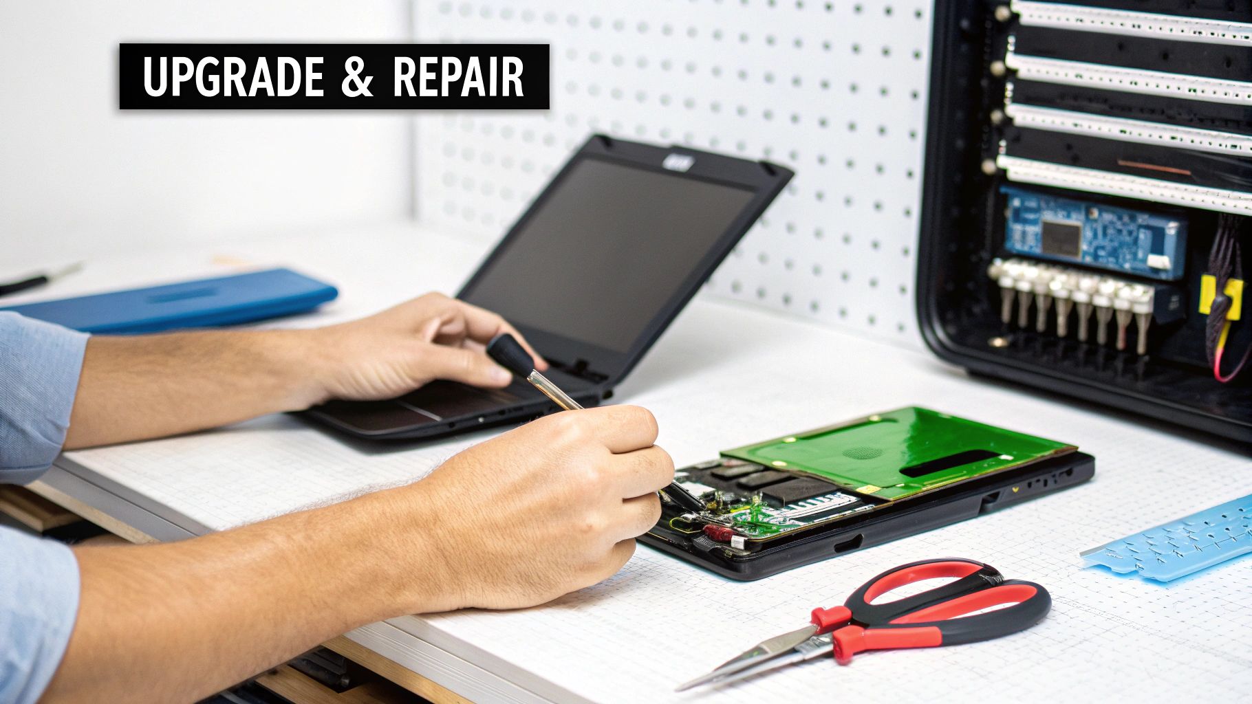 Technician's hands fixing a laptop and a circuit board on a white desk with tools.