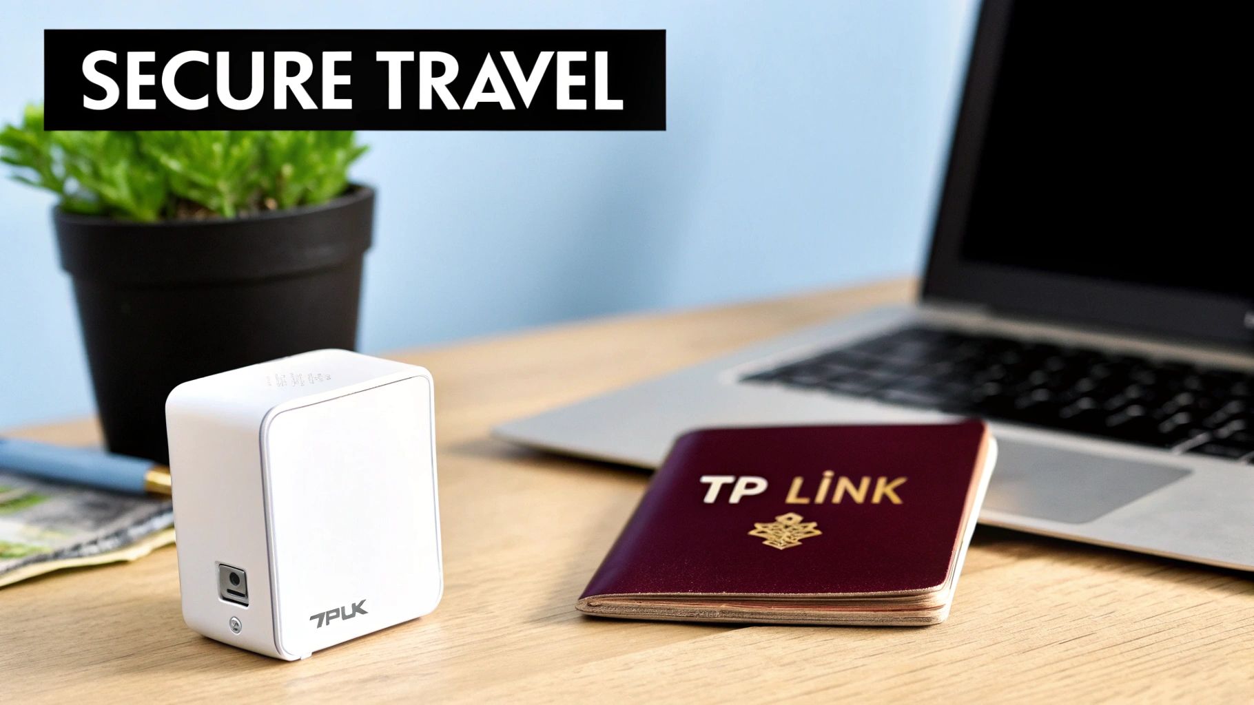 A white TP-Link travel router, a TP-Link branded passport, and a laptop on a wooden desk, emphasizing secure travel.