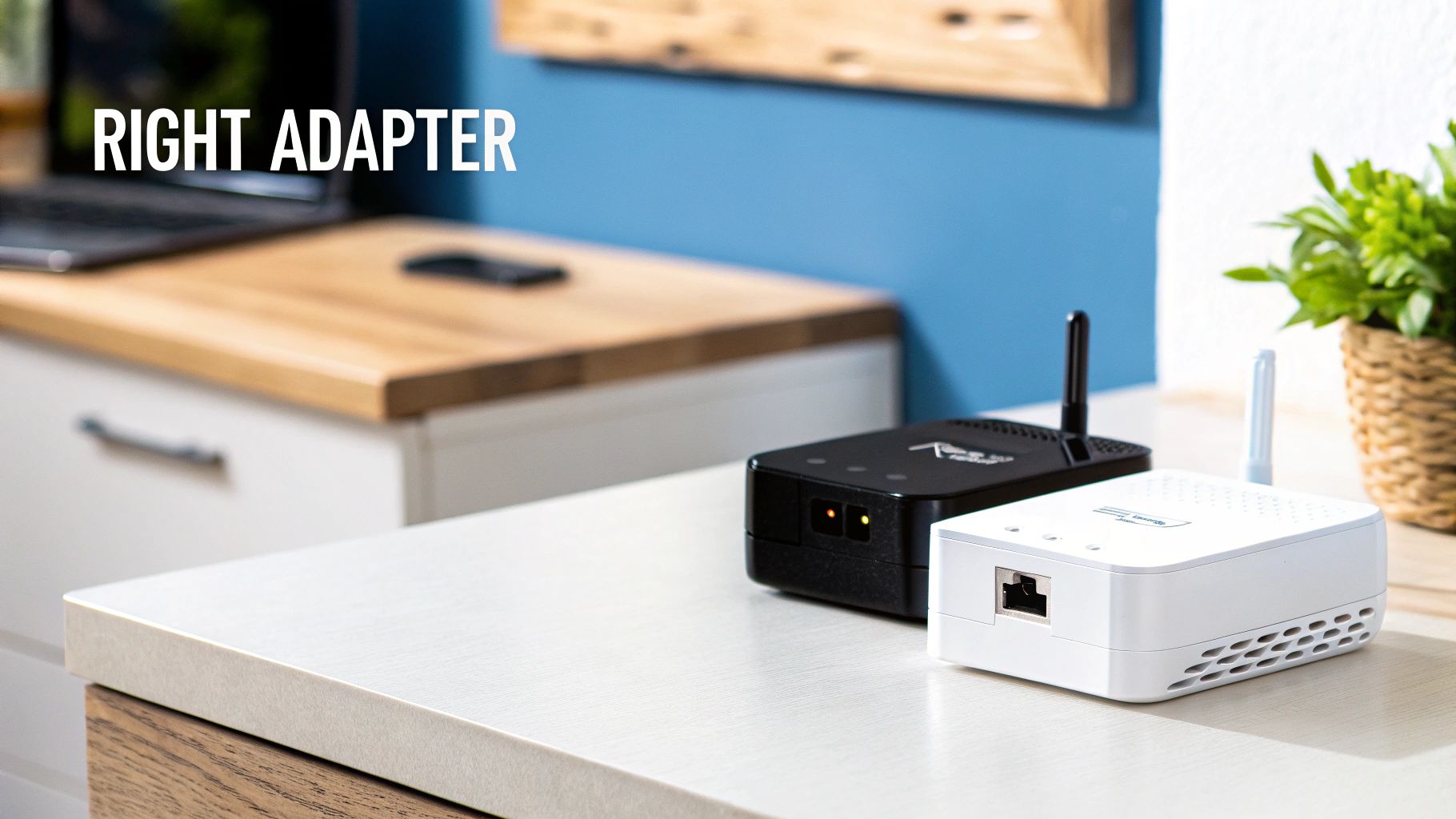 Two network adapters, one black and one white, sit on a white desk with a laptop in the background.