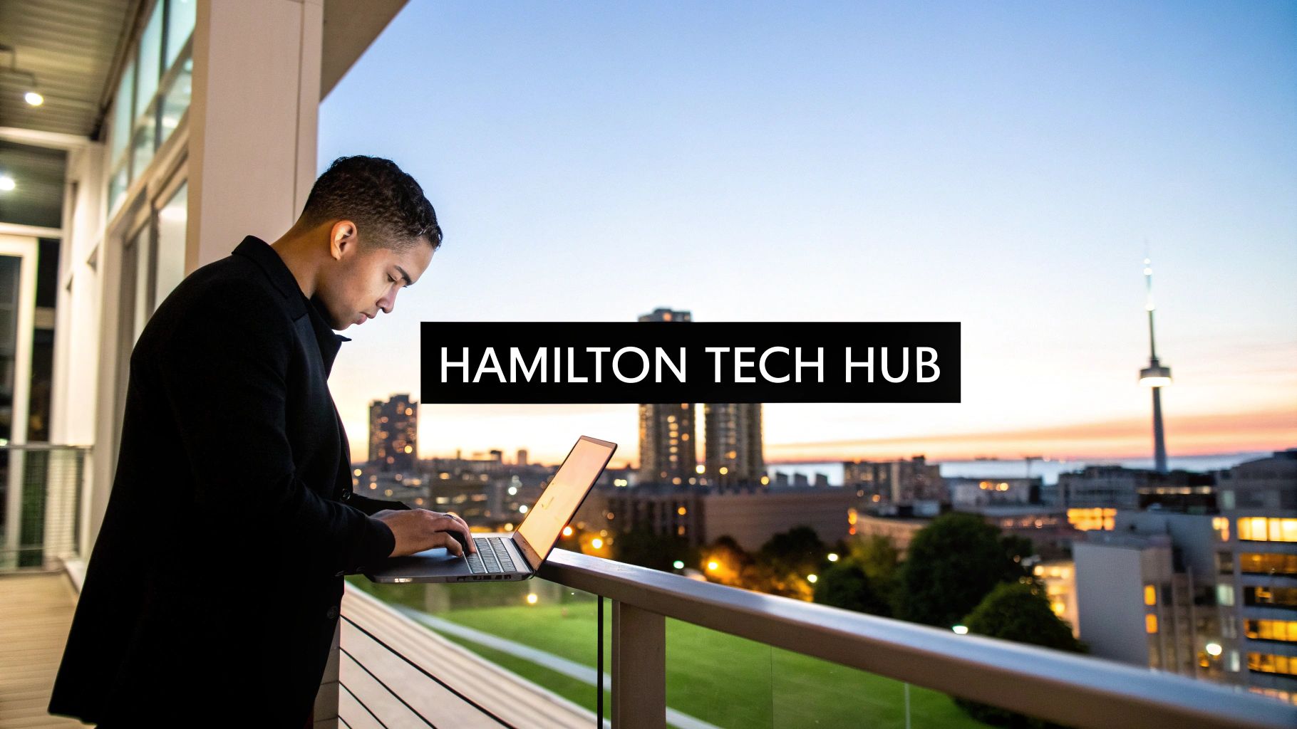 A modern office space with professionals collaborating, representing Hamilton's tech scene