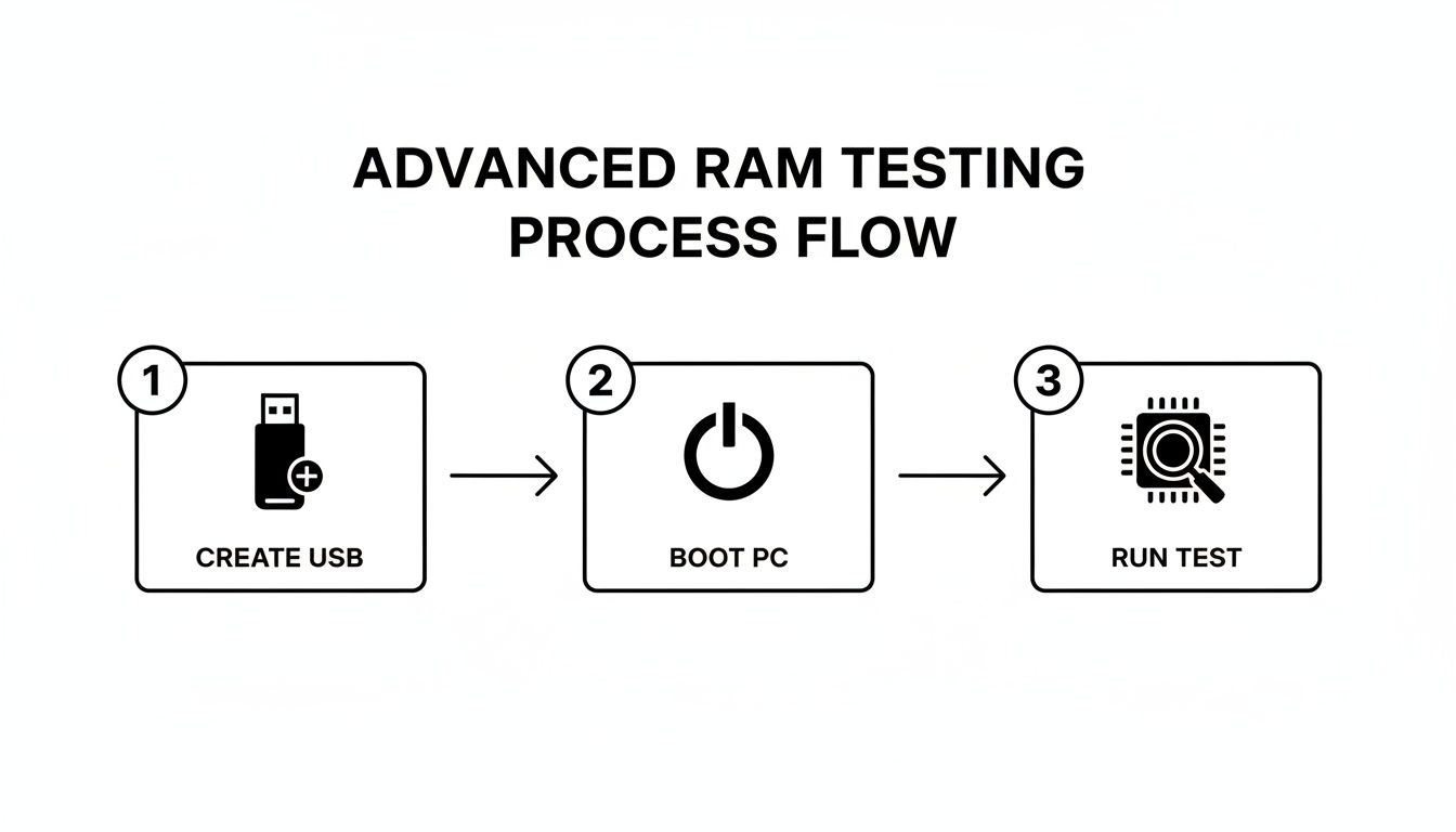 A three-step diagram illustrating the advanced RAM testing process flow: create USB, boot PC, run test.