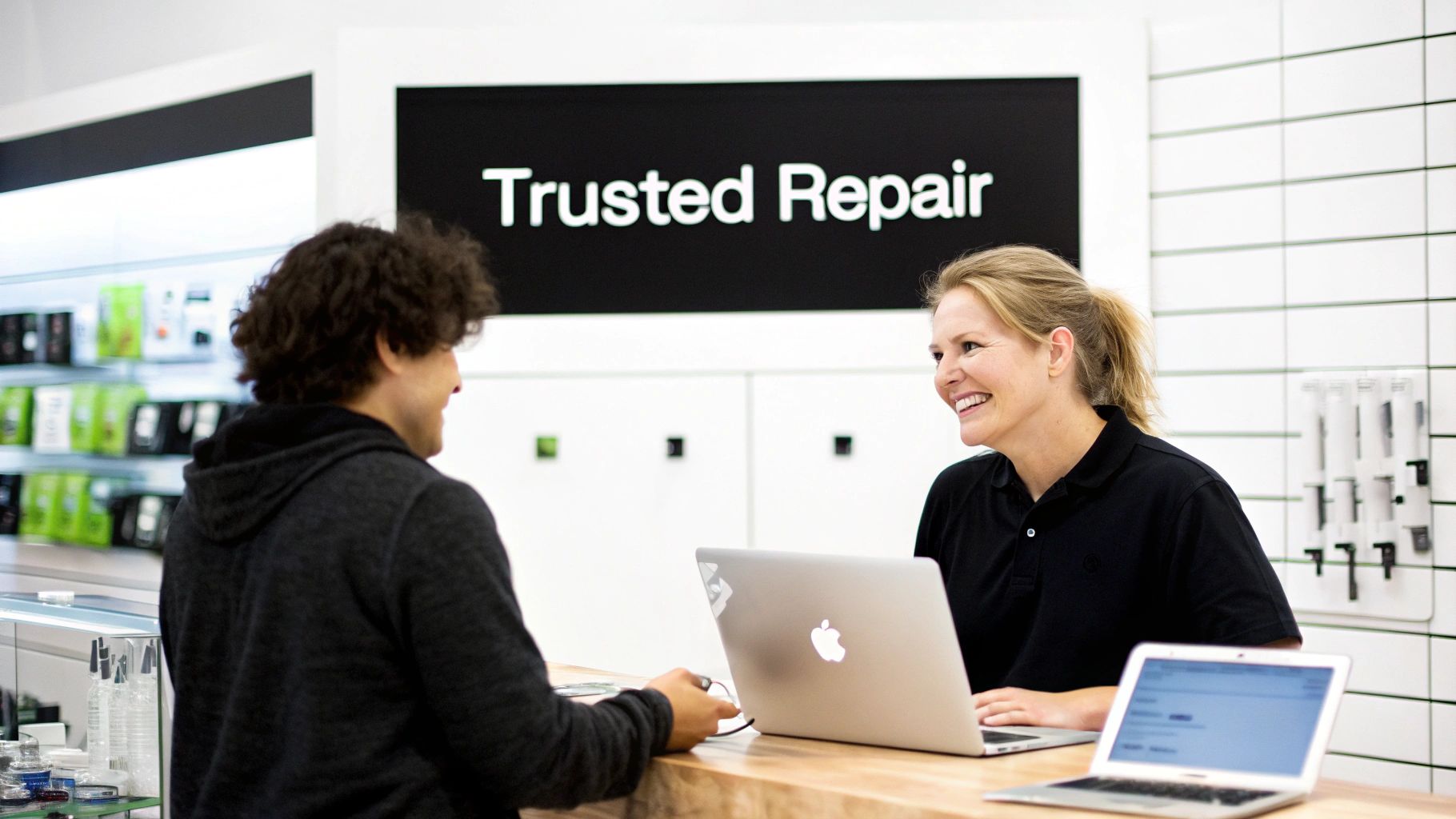 An employee smiles while assisting a customer at a "Trusted Repair" counter with MacBooks.