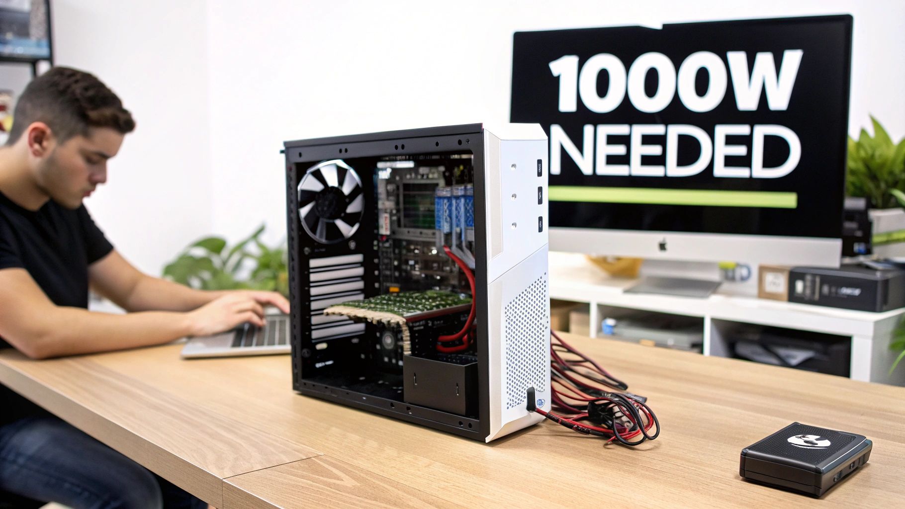 A person assembling a computer, with an open PC case on the desk and a monitor displaying '1000W NEEDED'.