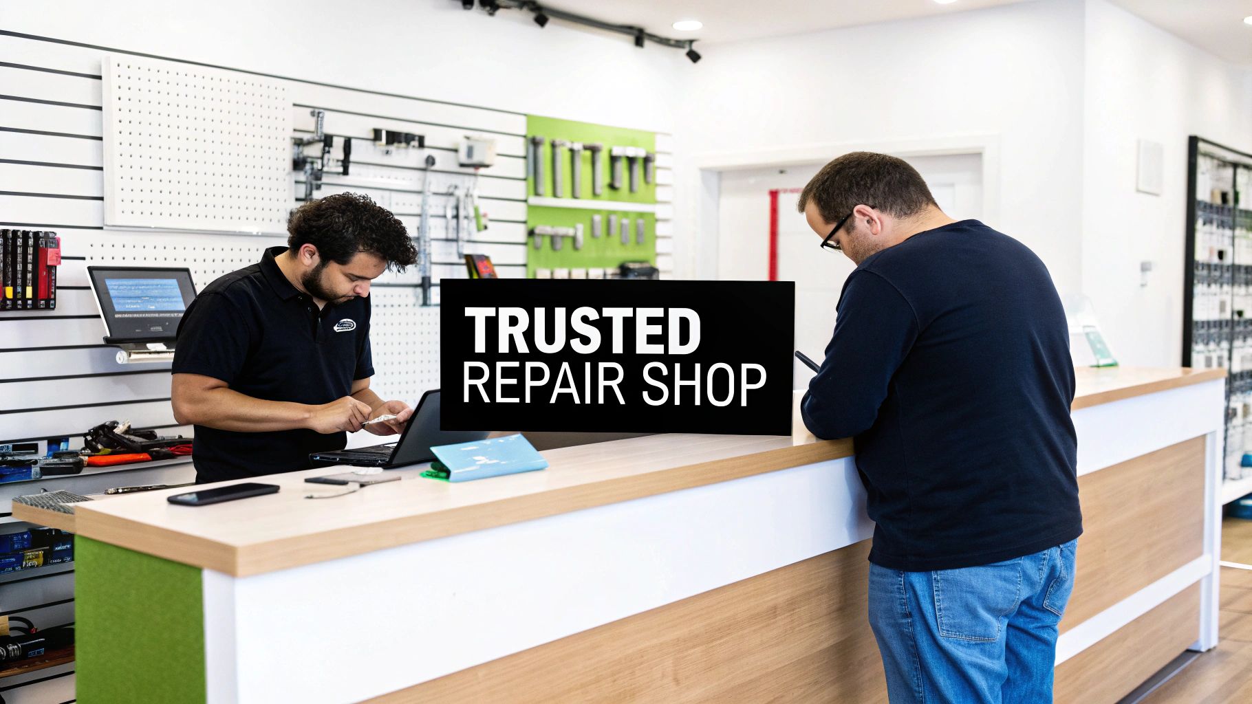 A technician carefully examining the internal components of a laptop at a clean repair desk.