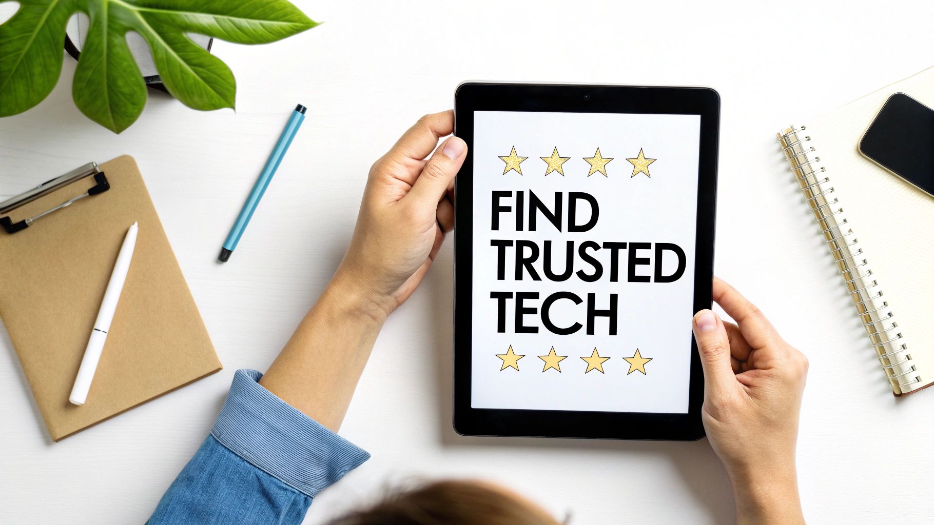 A person researching and vetting computer service providers on a laptop, with a checklist on the screen.