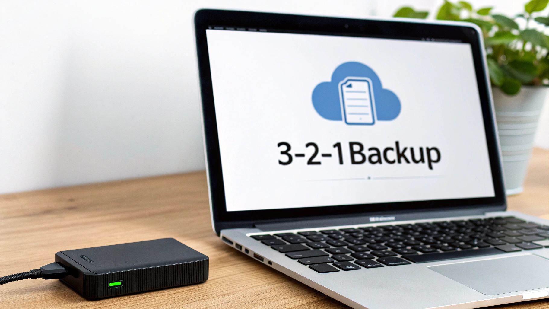 A laptop displaying "3-2-1 Backup" with a cloud icon, next to an external hard drive.